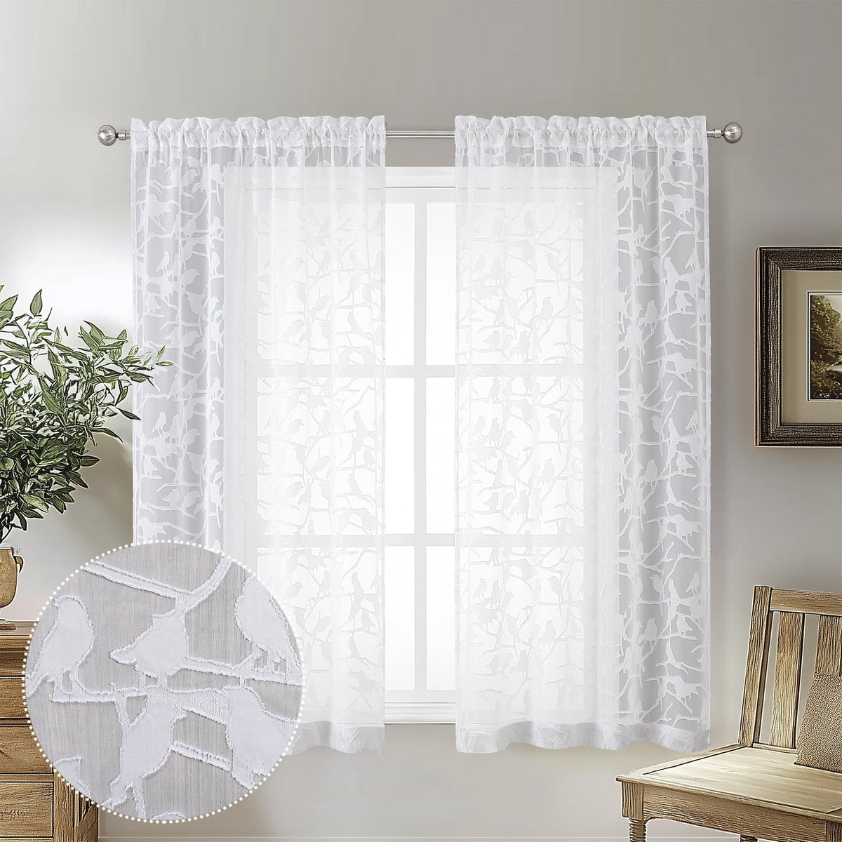 OVZME Sage Green Sheer Curtains 63 Inch Length 2 Panel Set, Light Filtering Bedroom Curtains with Dual Rod Pocket Top, Leaf Bird Clip Jacquard Sheer Farmhouse Window Drapes for Living Room, 2x38Wx63L
