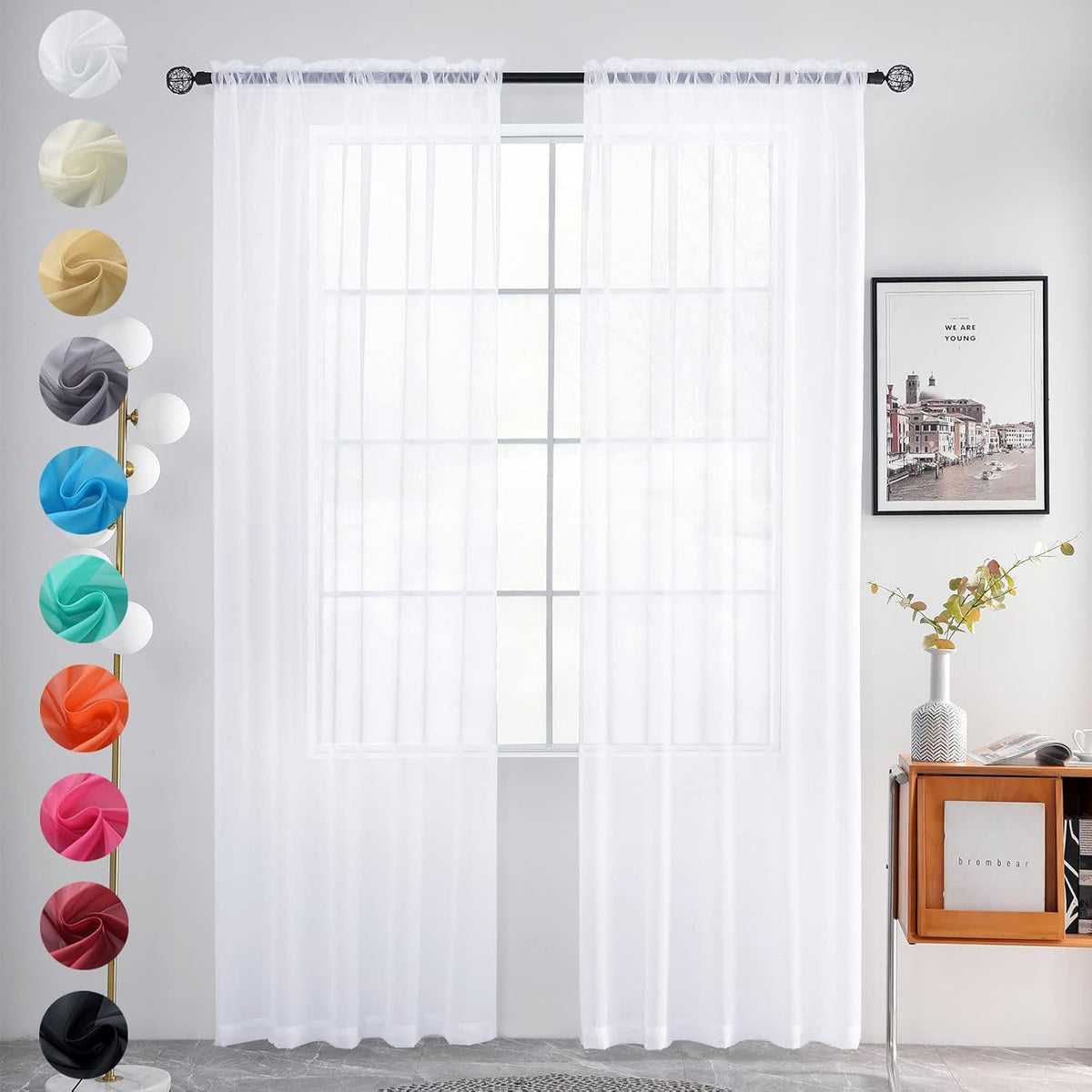 youleyar Solid Sheer Rod Pocket Curtain Voile Draperies 2 Panels White Beige Black Grey Coffee 52 Inch Width 84 Inch Long 1 Pair for Kitchen Bedroom Children Living Room Yard (Orange,52Wｘ84L)