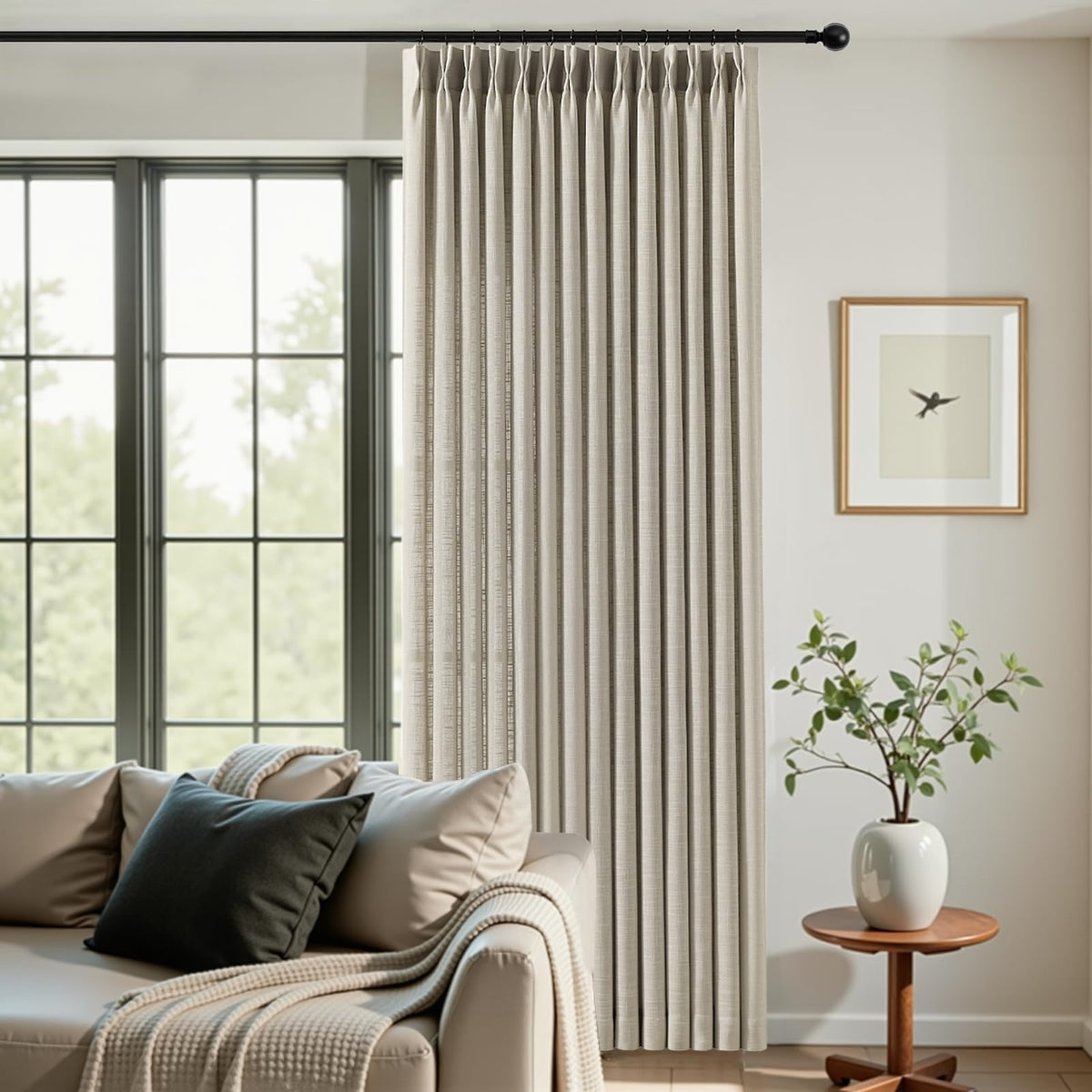 Pinch Pleated Linen Curtains 96 Inches Semi Sheer Light Filtering, 2 Panels
