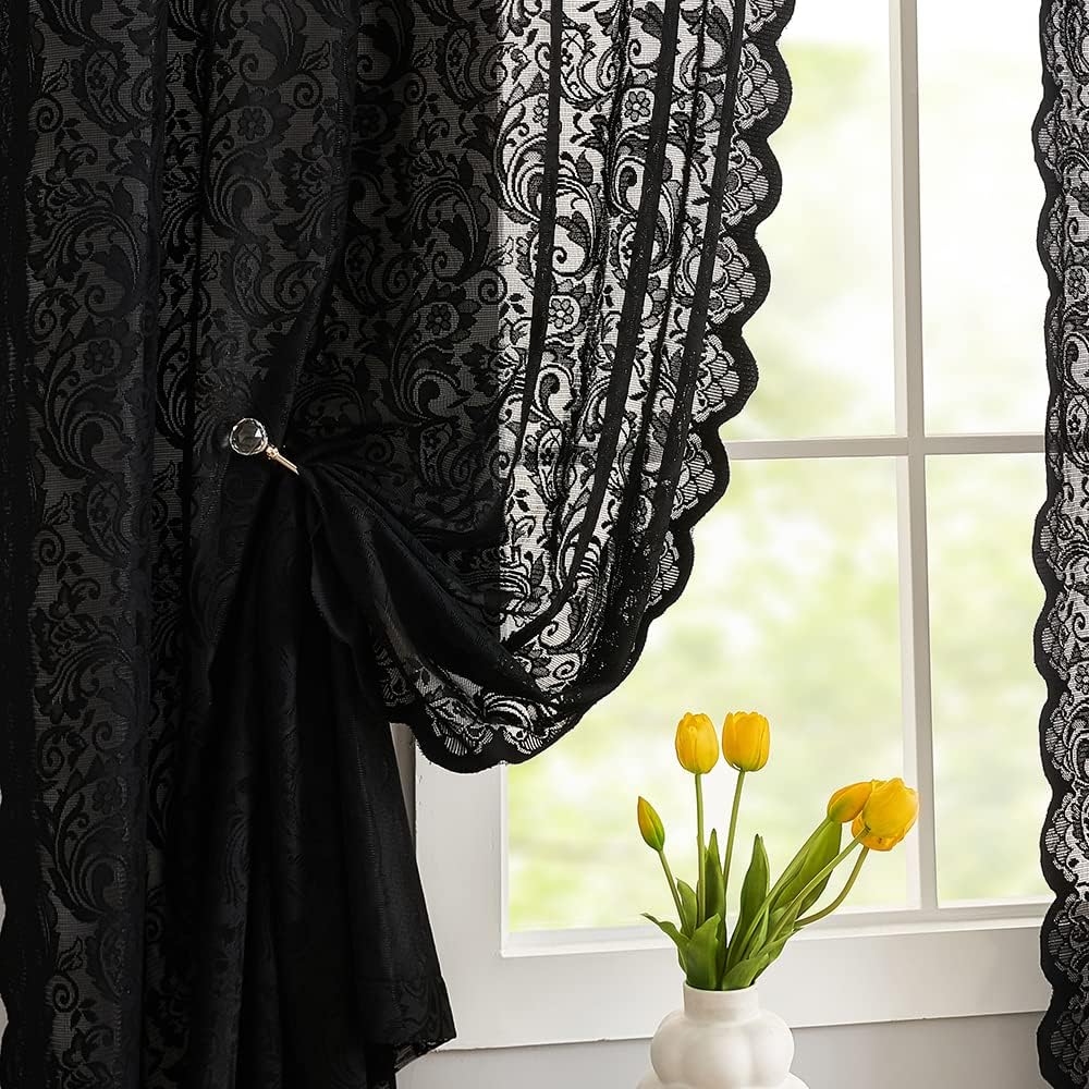 ALIGOGO Black Lace Curtains for Bedroom, Gothic Style, 52W x 63L Inch