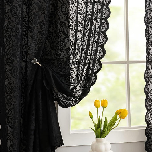 ALIGOGO Black Lace Curtains for Bedroom, Gothic Style, 52W x 63L Inch