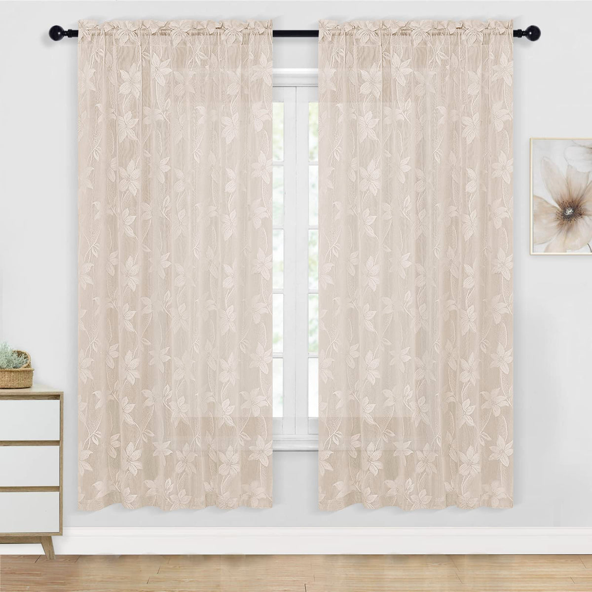 DWCN White Sheer Curtains - Short Curtains Floral Lace Design Rod Pocket Window Voile Sheer Drapes for Bedroom Kitchen Small Window 42 x 54 inch Length, 2 Panels White