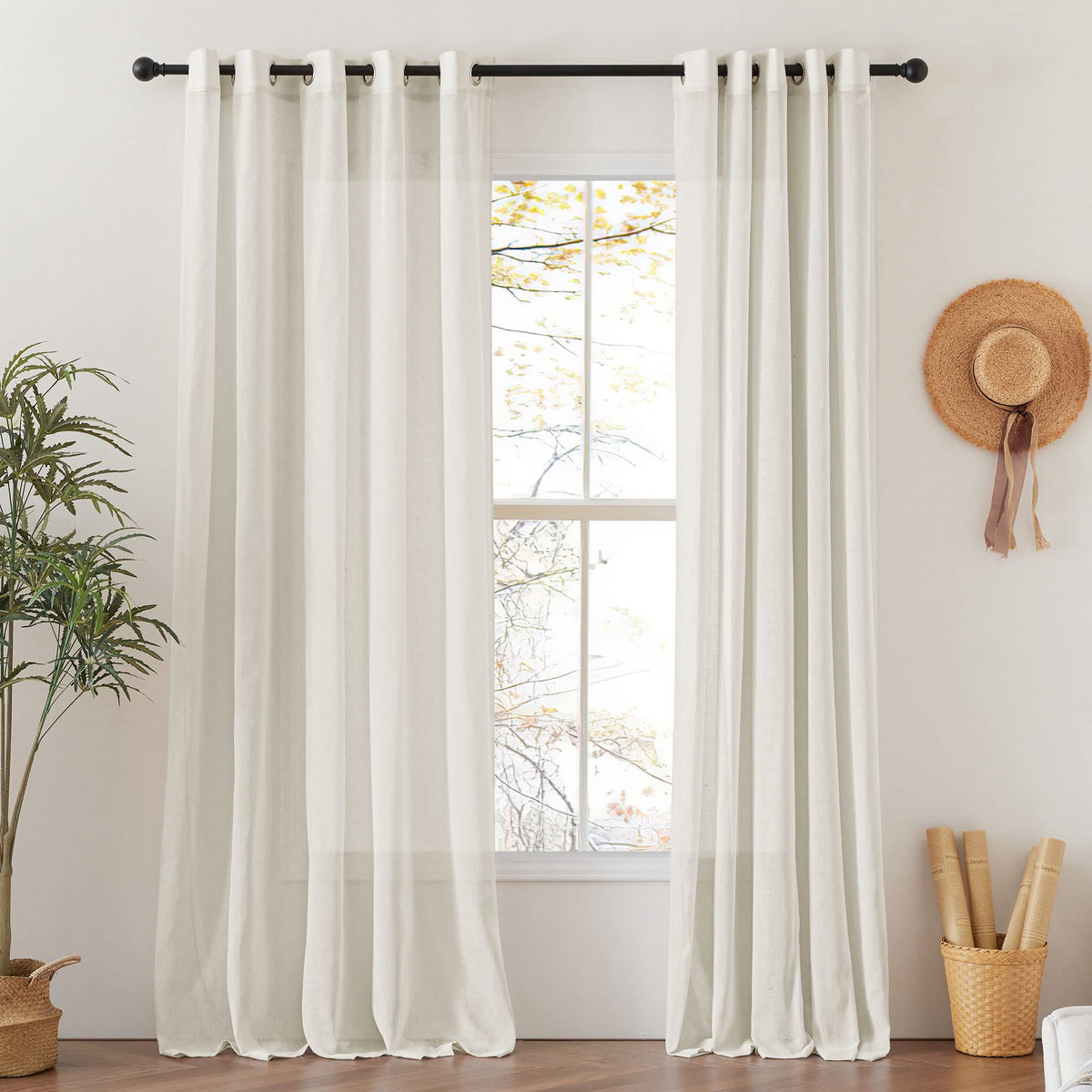 NICETOWN White Sheer Linen Curtains 84 Inch Length 2 Panels Set, W52xL84