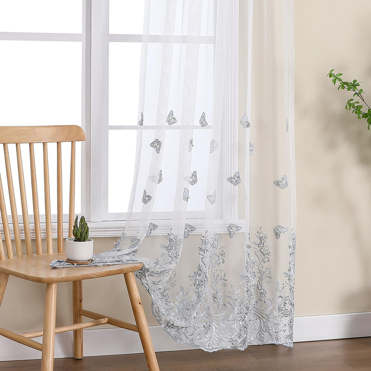 VISIONTEX Sheer Curtains Boho Leaf Floral Embroidered Cream Beige 54Wx84L