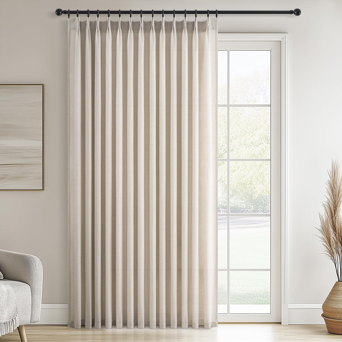 96 Inches Long Pinch Pleated Semi Sheer Curtains,Natural Linen Blended Light Filtering Window Curtains 96 Length 2 Panels for Living Room Bedroom Pinch Pleat Drapes with Hooks 2 Panels 40" Wx96 L