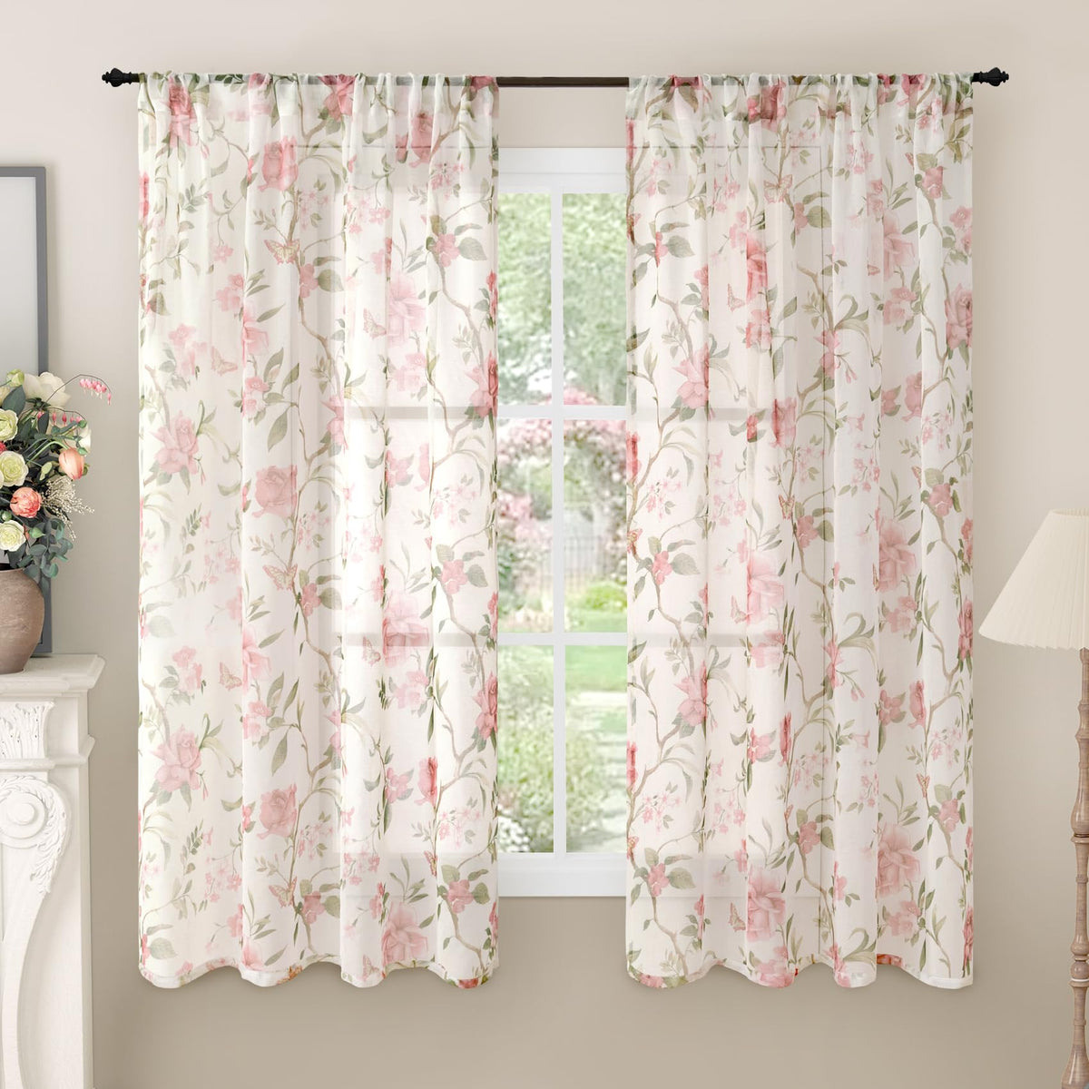 Lajode Pink Floral Sheer Curtains for Girls Room - 52x84 Inch 2 Panels