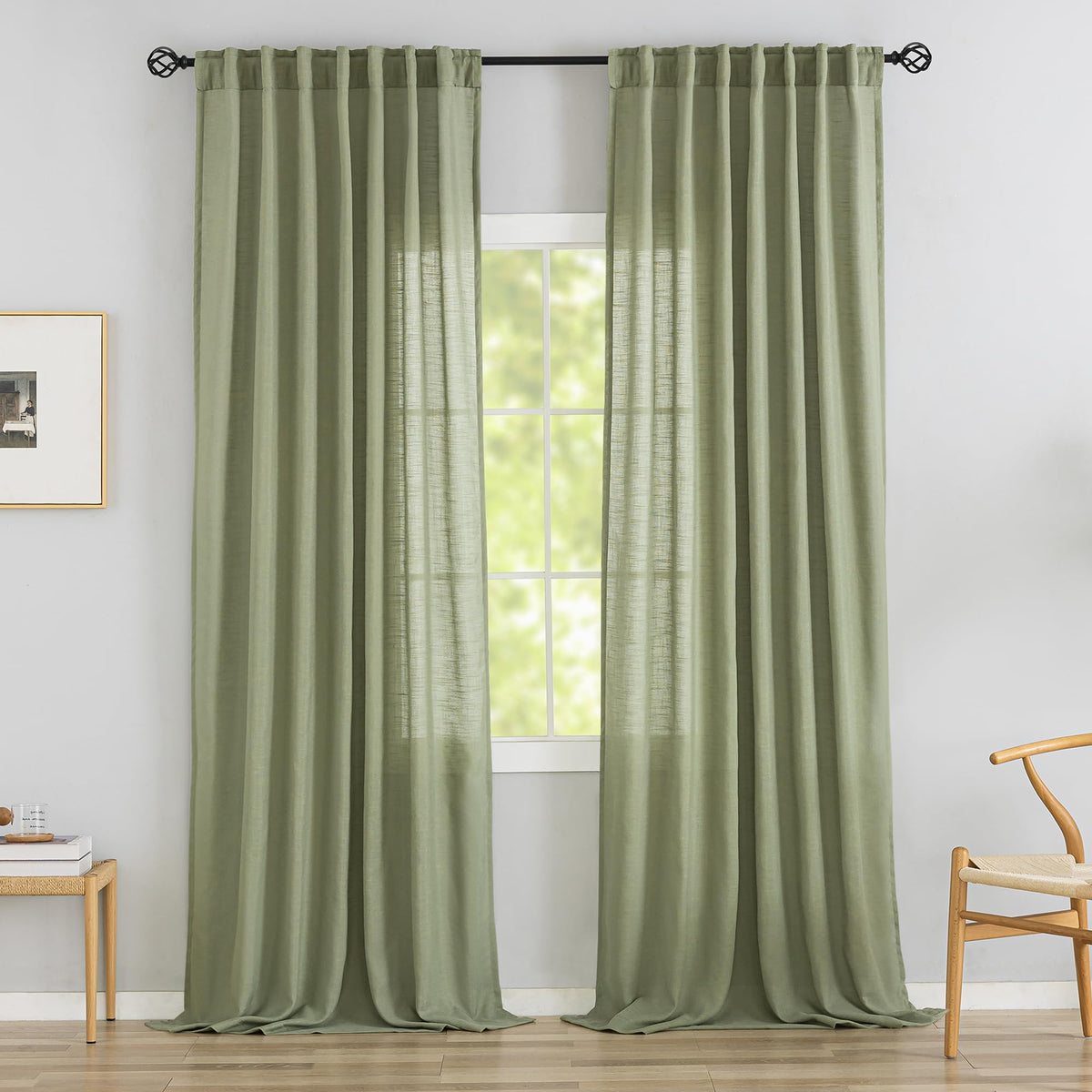 Natural Linen 144 Inch Length Curtains for Tall Floor Ceiling Villa Living Room -Cream Ivory Bak Tab Hooks Pleated Easy Open Sliding Semi Sheer 144 inch Extra Long 2 Story Window Curtains,12 Foot