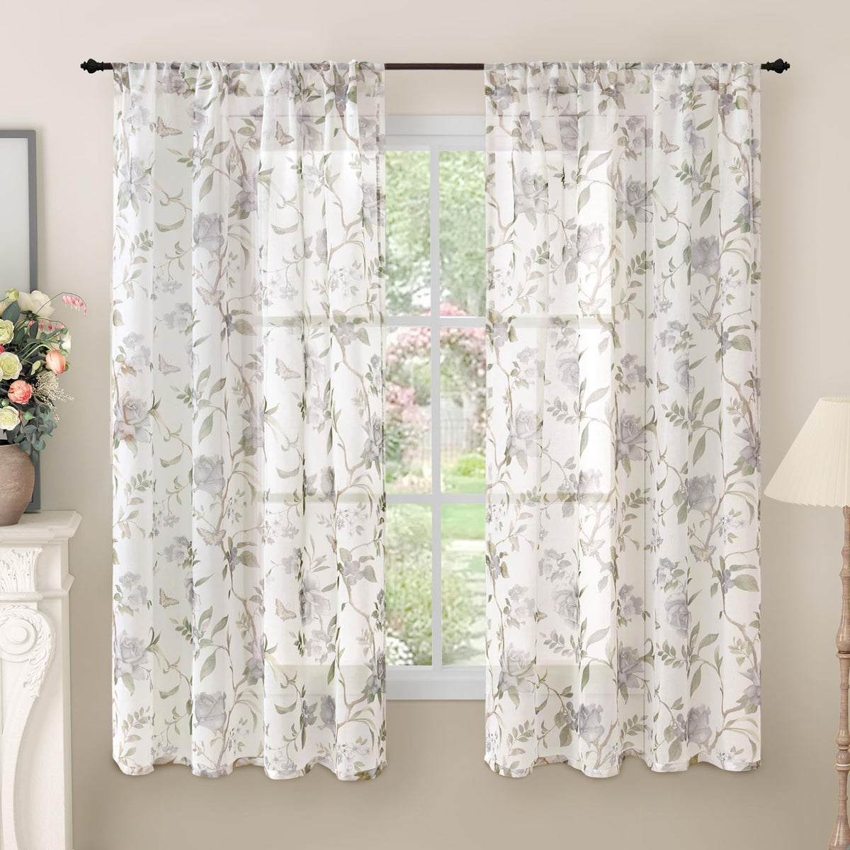 Lajode Pink Floral Sheer Curtains for Girls Room - 52x84 Inch 2 Panels