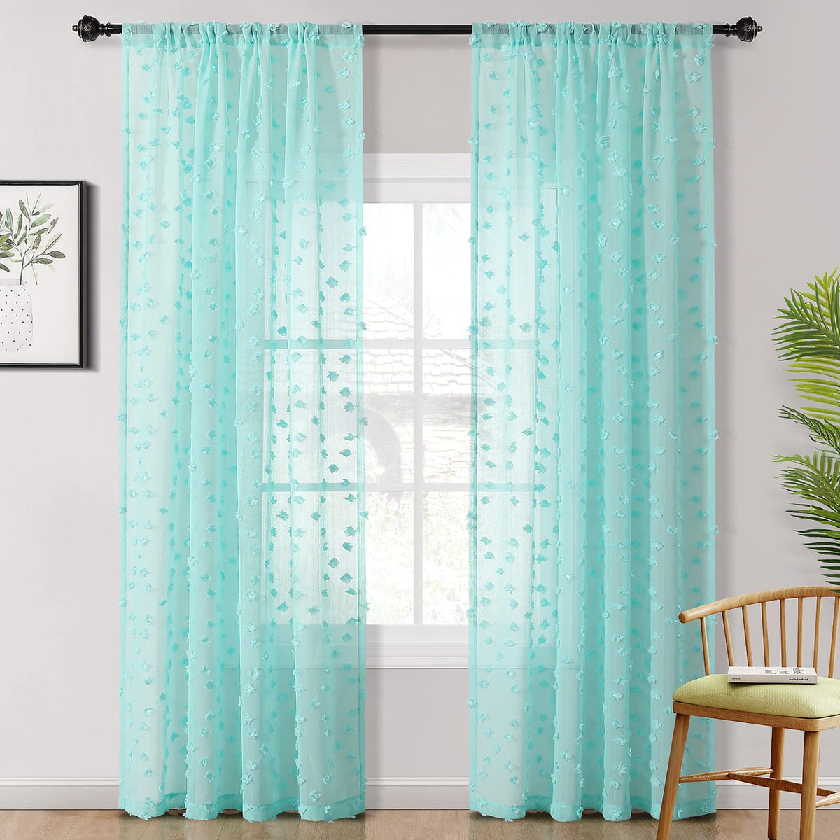 MYSKY HOME Beige Boho Sheer Curtains with Cream Pom Pom 50Wx84L,2 Panels