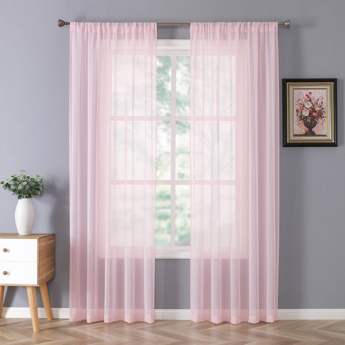 Tollpiz Sheer Curtains Linen Textured Bedroom Curtain Sheers Light Filtering Rod Pocket Voile Curtains for Living Room, 54 x 63 inches Long, White, Set of 2 Panels