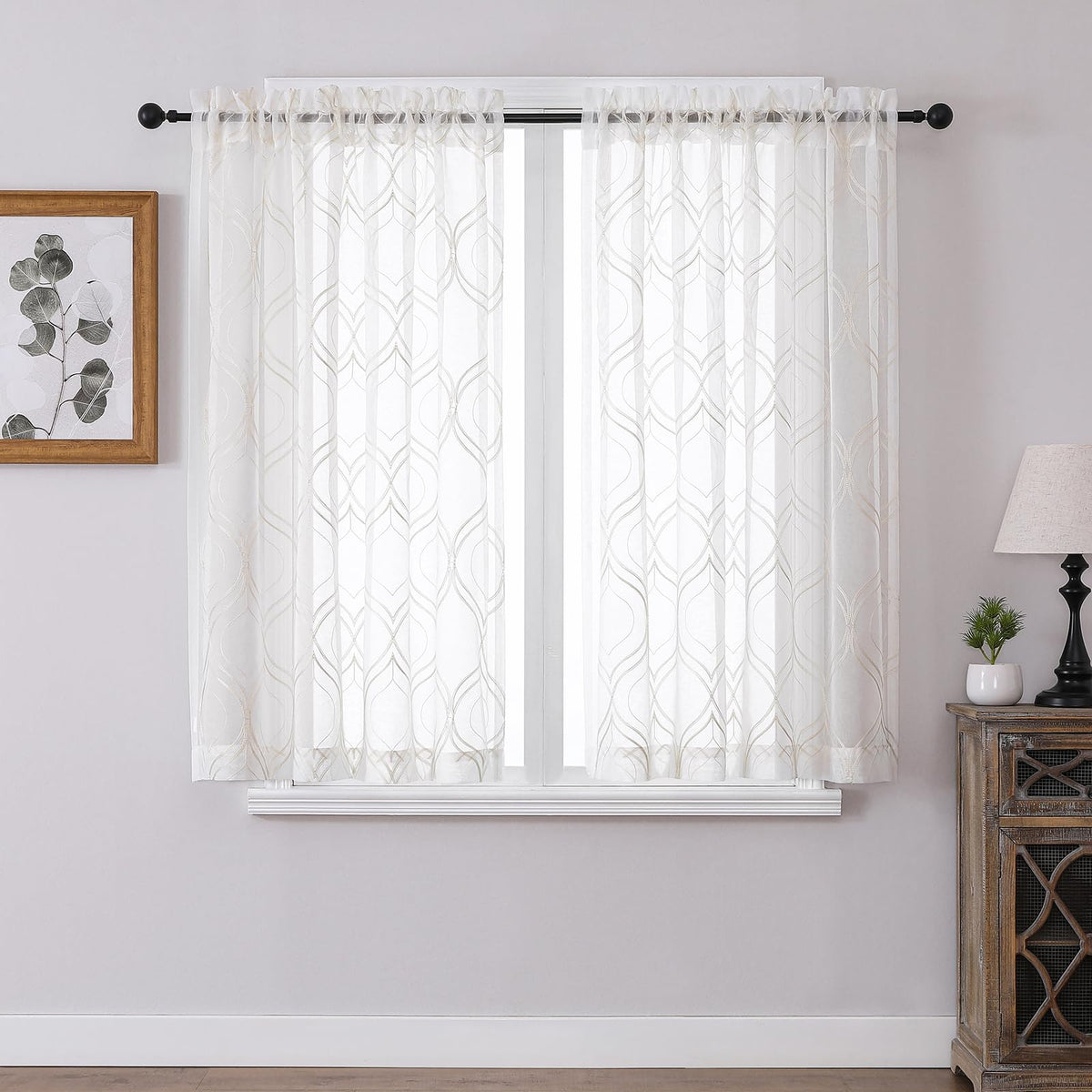 VISIONTEX White Sheer Curtains Grey Moroccan Embroidered 63 Inch Length