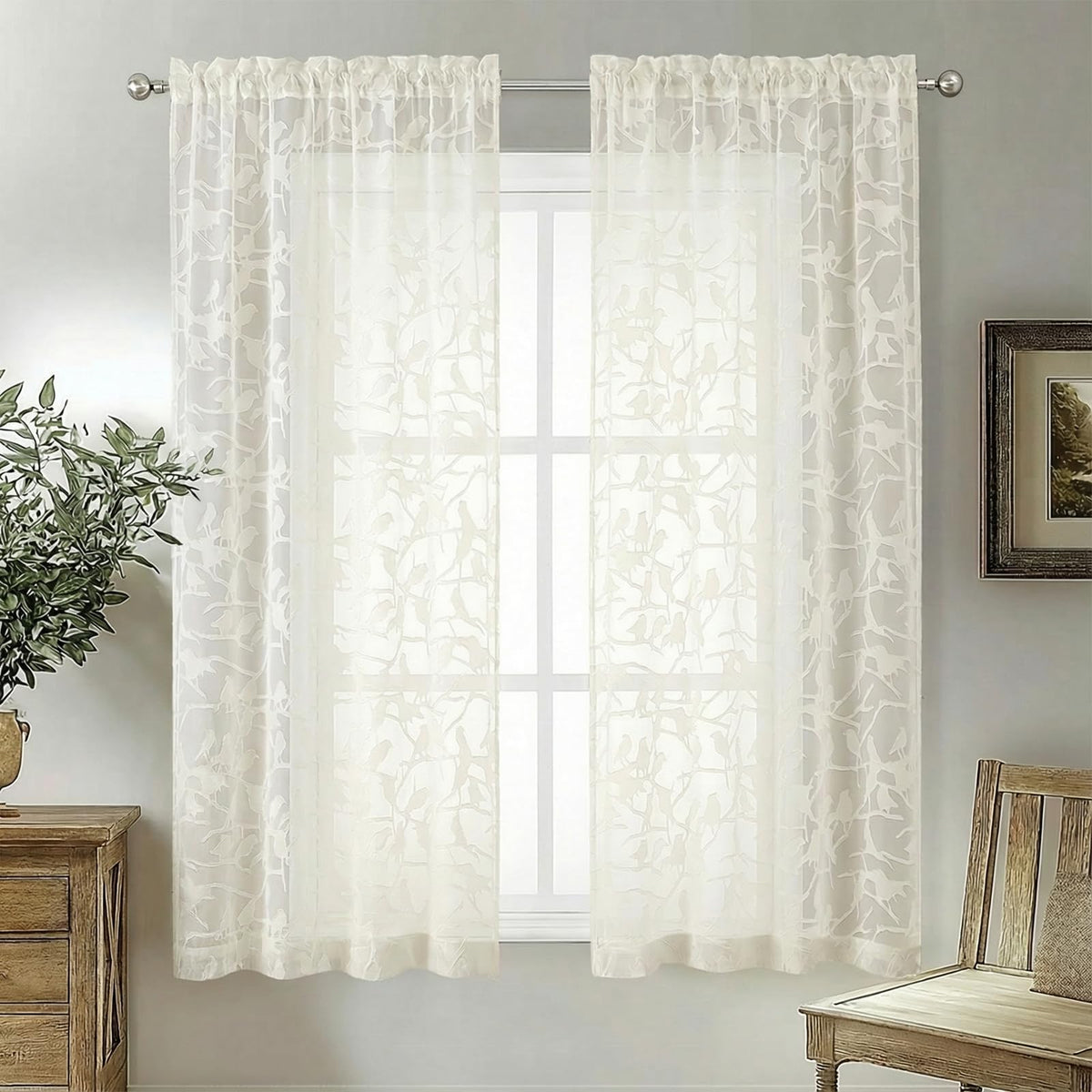 OVZME Sage Green Sheer Curtains 63 Inch Length 2 Panel Set, Light Filtering Bedroom Curtains with Dual Rod Pocket Top, Leaf Bird Clip Jacquard Sheer Farmhouse Window Drapes for Living Room, 2x38Wx63L