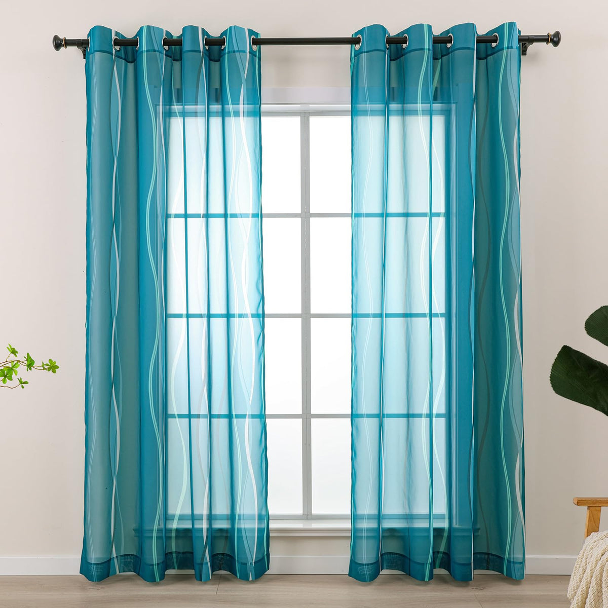 L.Z.E White and Teal Sheer Curtains 84 Inches Long, Light Filtering Elegant Patterned Curtains with Design for Living Room Bedroom Dining Room, Lightweight Window Drapes, Grommet Top 2 Panels Set