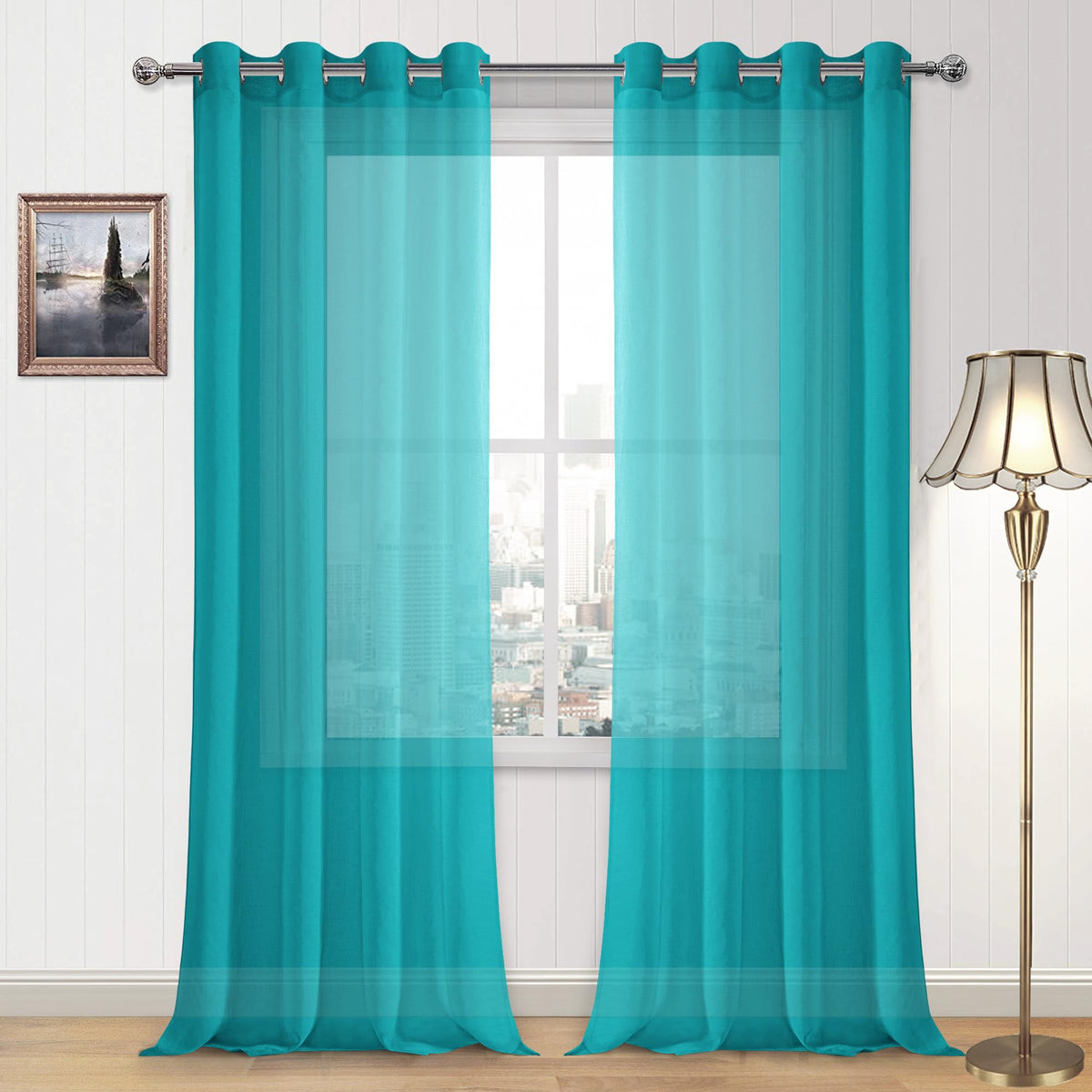 DWCN White Sheer Curtains Linen Look Semi Transparent Voile Grommet White Curtains for Living Dining Room Drapes 52 x 84 Inch Long, Set of 2 Panels