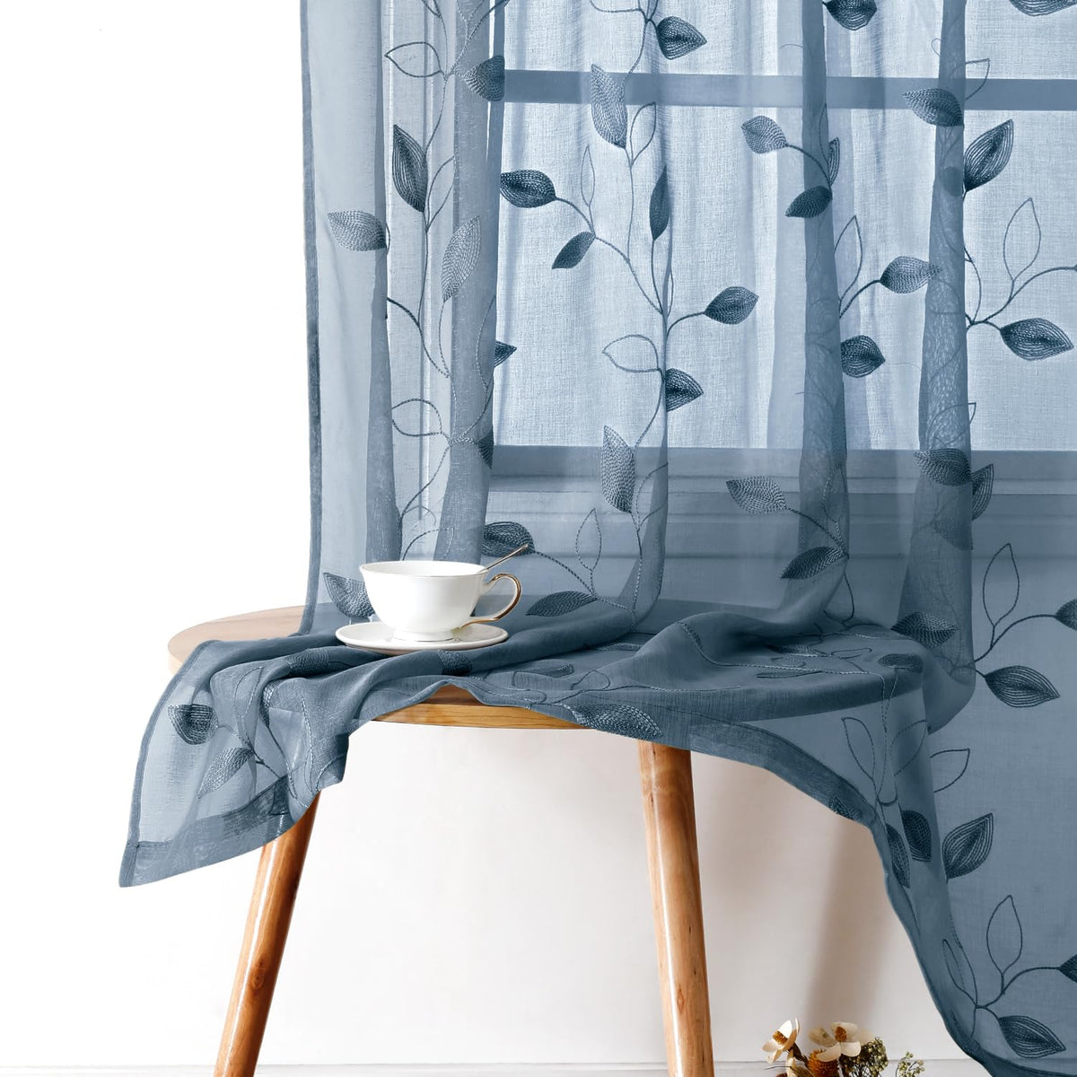 HOMEIDEAS Sage Green Sheer Curtains Leaf Embroidered, 52x84 Inch, 2 Panels