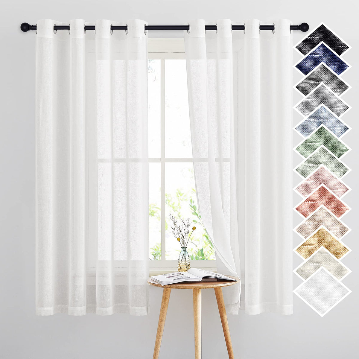 NICETOWN White Sheer Linen Curtains 84 Inch Length 2 Panels Set, W52xL84