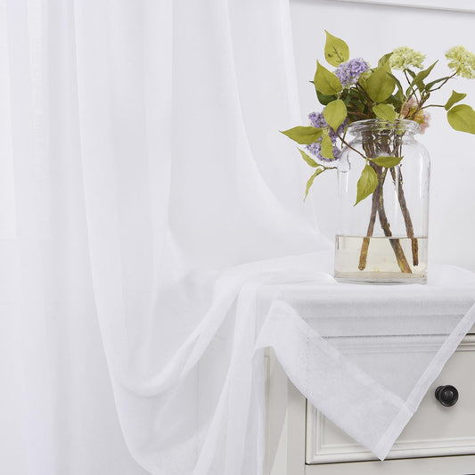 MYSTIC-HOME Sheer Curtains White 63 Inch Length, Rod Pocket Voile Drapes for Living Room, Bedroom, Window Treatments Semi Crinkle Curtain Panels for Yard, Patio, Villa, Parlor, Set of 2, 52"x 63"