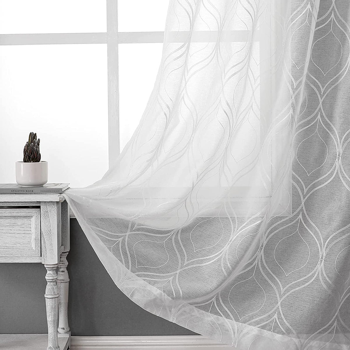 VISIONTEX White Sheer Curtains Grey Moroccan Embroidered 63 Inch Length
