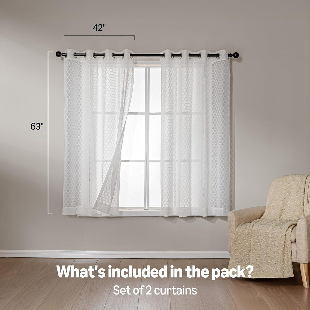 Amazon Basics Lace Sheer Curtains for Living Room and Bedroom, 2-Panel Set with Grommet, 42" W × 63" L, White Cloverleaf