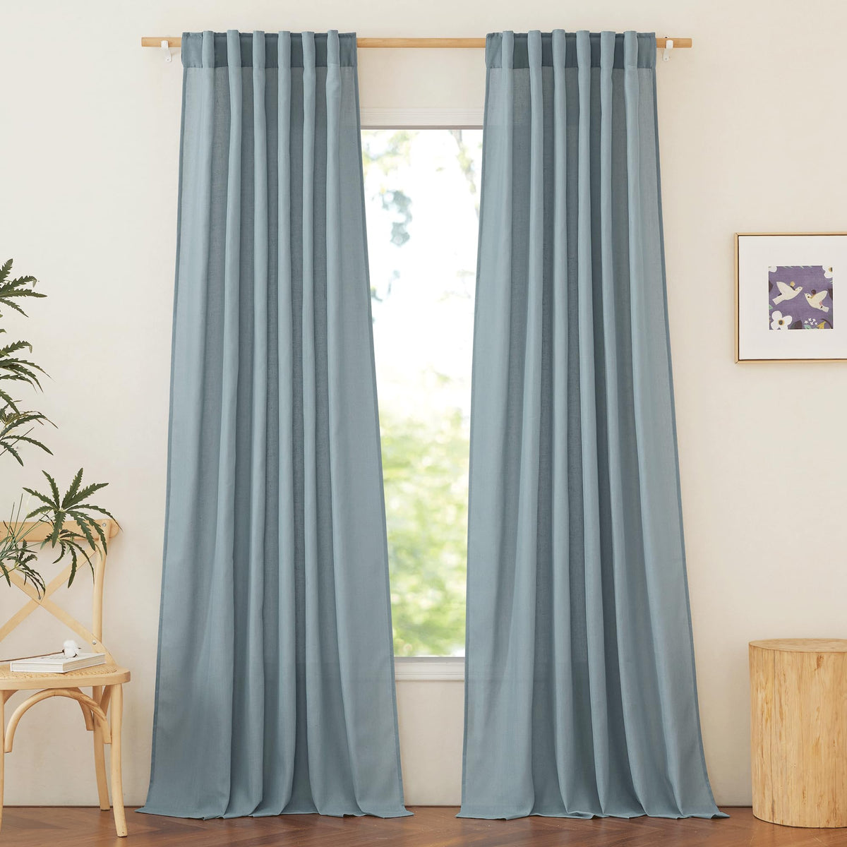 NICETOWN Natural Linen Curtains & Drapes for Windows 84 inch Long, Rod Pocket & Back Tab Thick Flax Semi Sheer Privacy Assured with Light Filtering for Bedroom/Living Room, W55 x L84, 2 Pieces