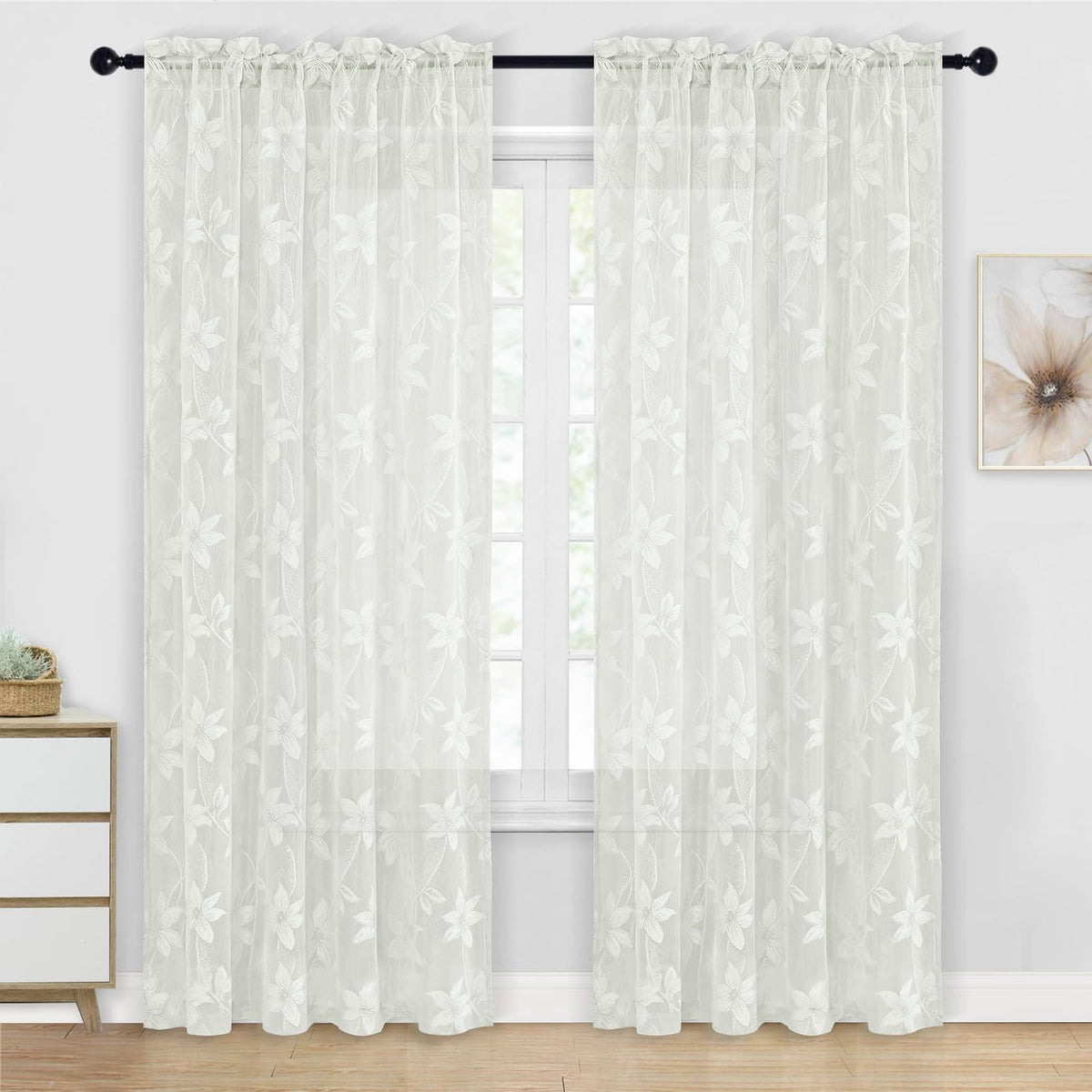 DWCN White Sheer Curtains - Short Curtains Floral Lace Design Rod Pocket Window Voile Sheer Drapes for Bedroom Kitchen Small Window 42 x 54 inch Length, 2 Panels White