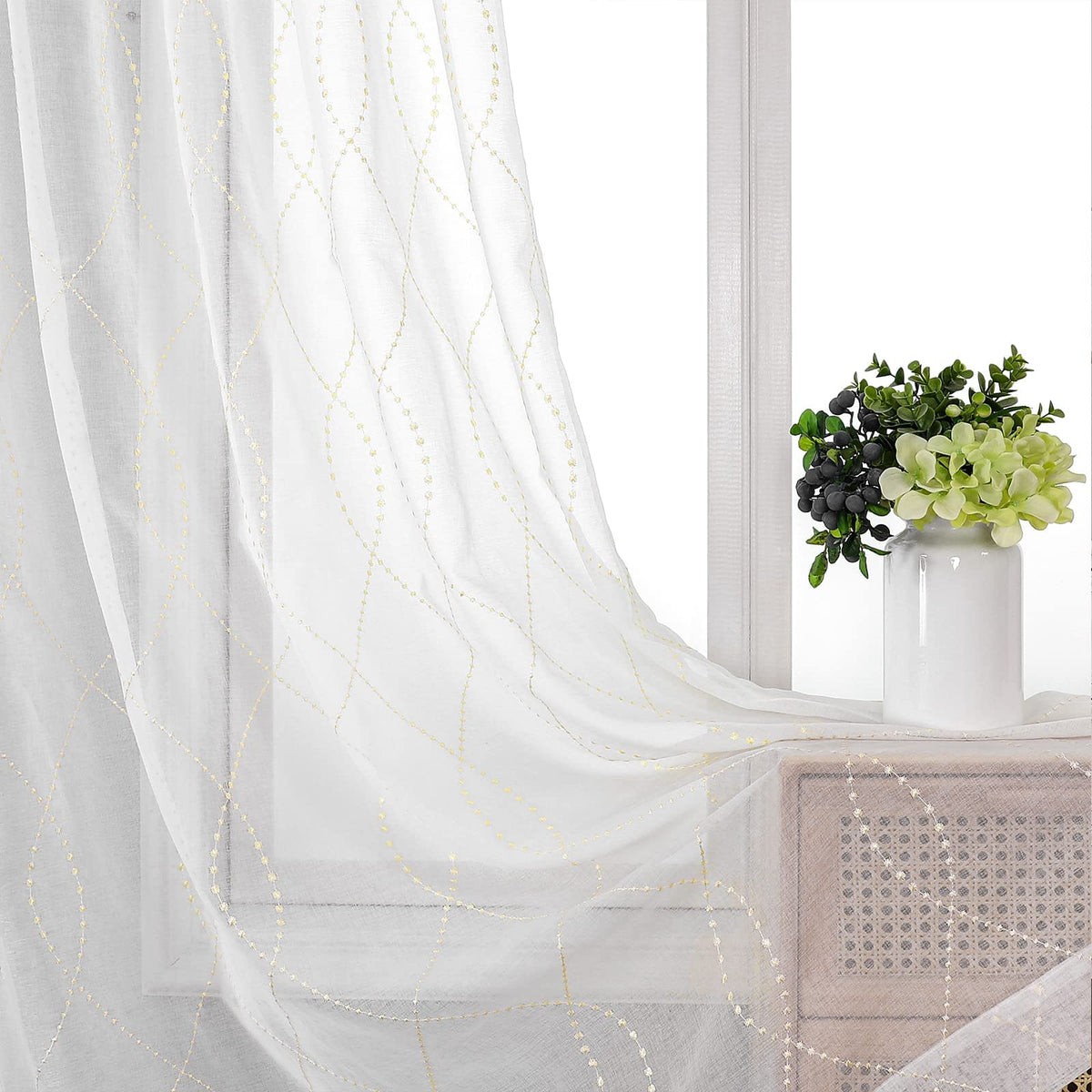 VISIONTEX White Sheer Curtains Grey Moroccan Embroidered 63 Inch Length