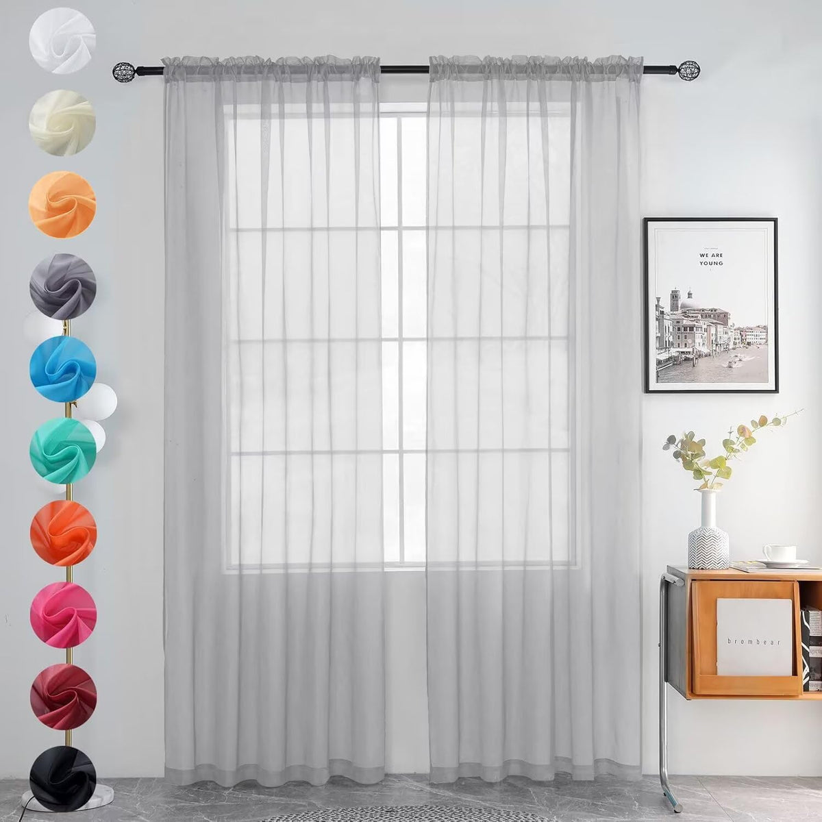 youleyar Solid Sheer Rod Pocket Curtain Voile Draperies 2 Panels White Beige Black Grey Coffee 52 Inch Width 84 Inch Long 1 Pair for Kitchen Bedroom Children Living Room Yard (Orange,52Wｘ84L)