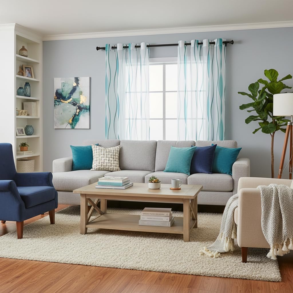 L.Z.E White and Teal Sheer Curtains 84 Inches Long, Light Filtering Elegant Patterned Curtains with Design for Living Room Bedroom Dining Room, Lightweight Window Drapes, Grommet Top 2 Panels Set