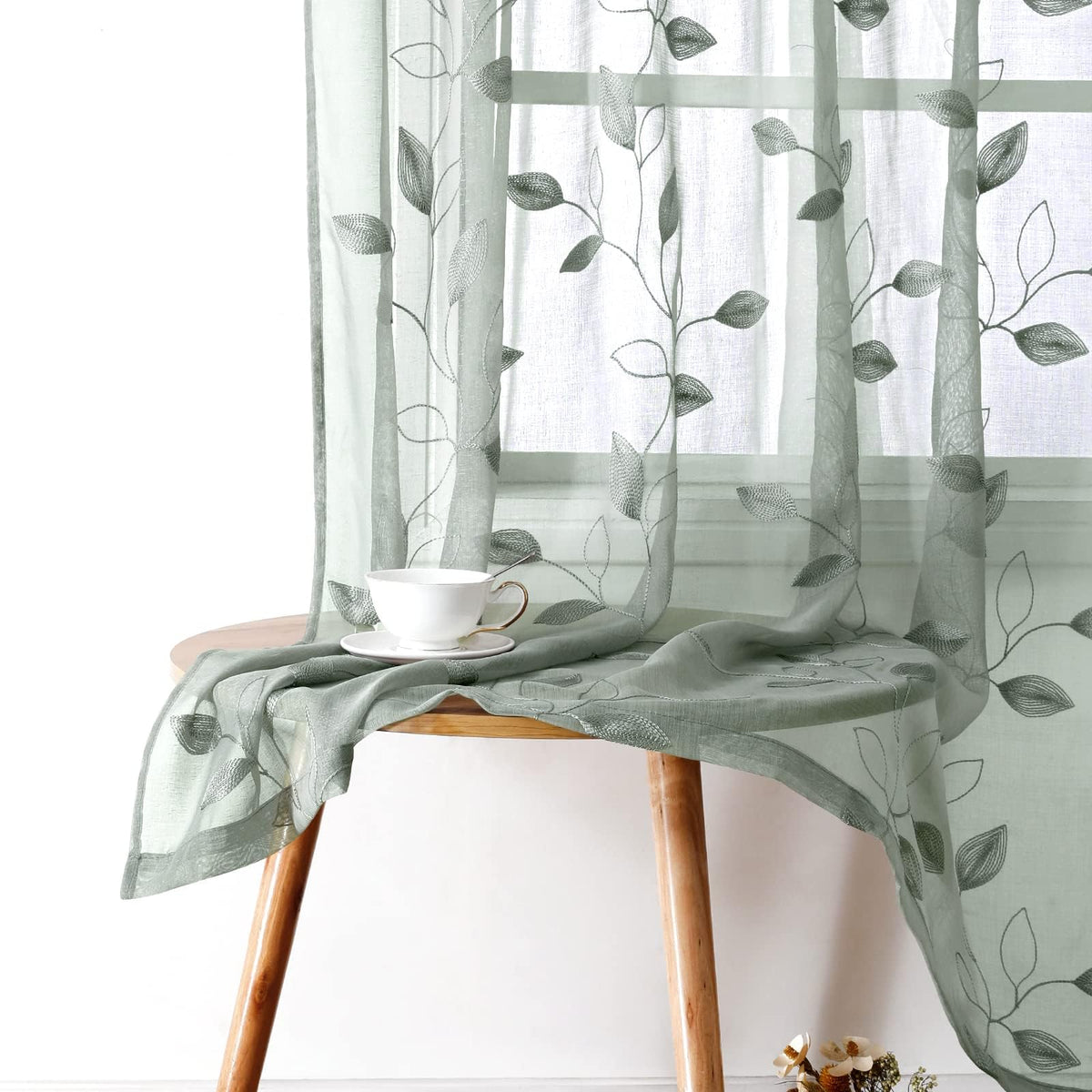 HOMEIDEAS Sage Green Sheer Curtains Leaf Embroidered, 52x84 Inch, 2 Panels