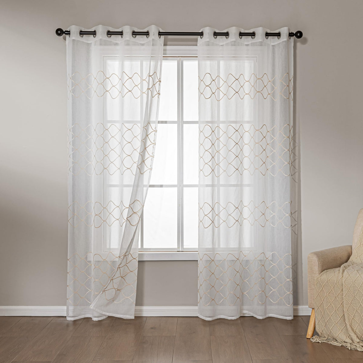 Amazon Basics Lace Sheer Curtains for Living Room and Bedroom, 2-Panel Set with Grommet, 42" W × 63" L, White Cloverleaf