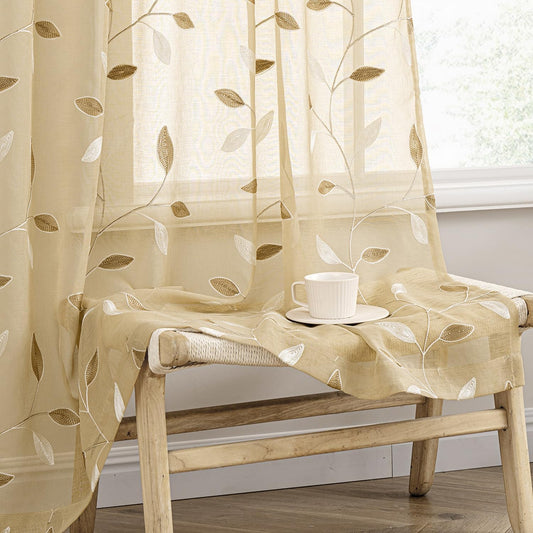 MIULEE Beige Sheer Curtains 2 Panels Embroidered Leaf Patterned, W52 x L84
