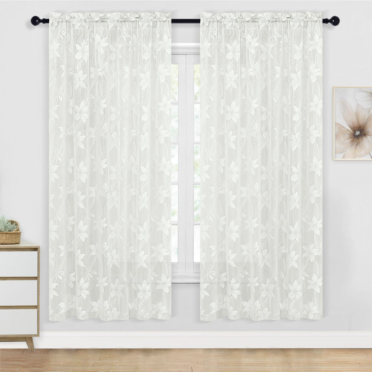 DWCN White Sheer Curtains - Short Curtains Floral Lace Design Rod Pocket Window Voile Sheer Drapes for Bedroom Kitchen Small Window 42 x 54 inch Length, 2 Panels White