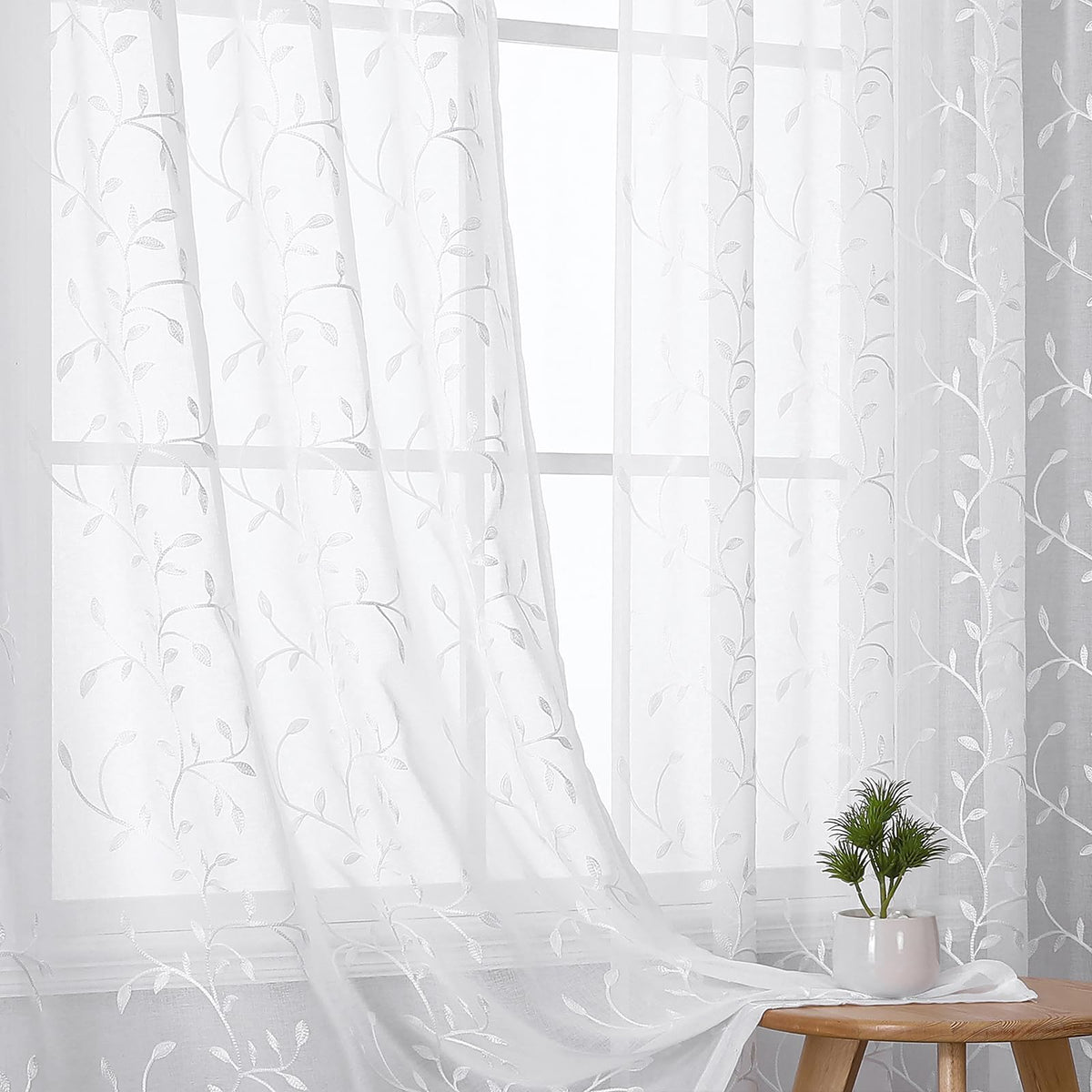 VISIONTEX Sheer Curtains Boho Leaf Floral Embroidered Cream Beige 54Wx84L