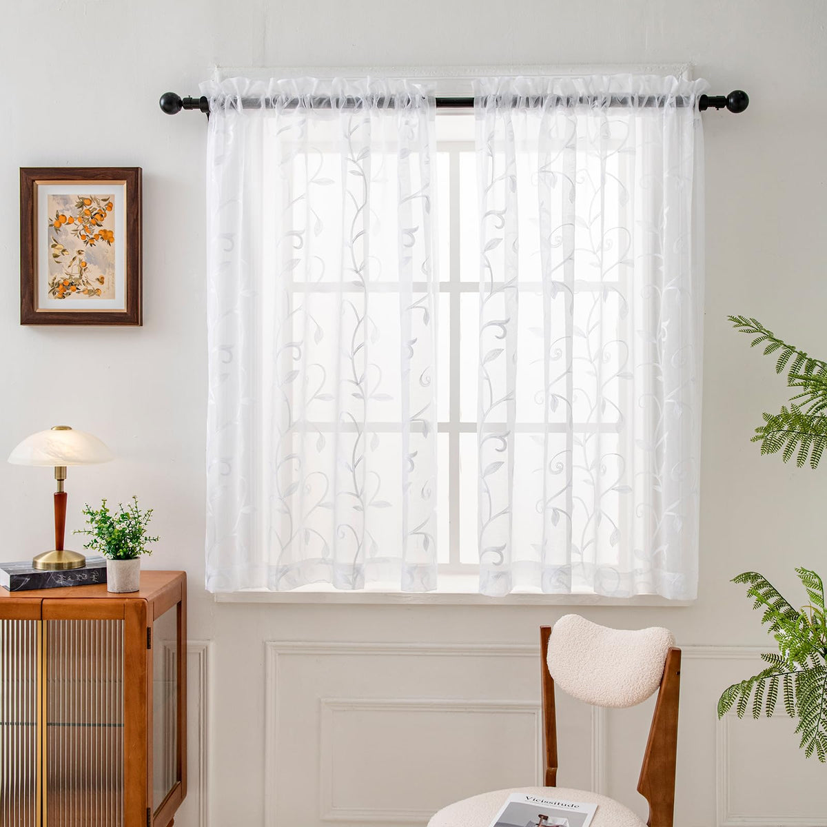 VISIONTEX Sheer Curtains Boho Leaf Floral Embroidered Cream Beige 54Wx84L