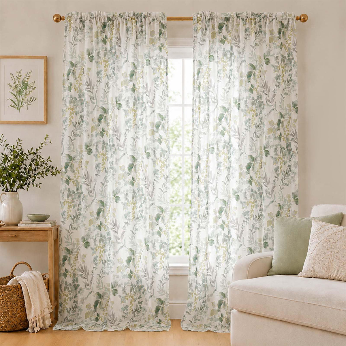 OWENIE Crushed Sheer Curtains 63 Inch Length 2 Panels Set, Sheer Floral Curtians with Printed Leaves Design, Printing Drapes for Living Room, Rod Pocket Light Filtering Window Sheers 42" W x 63" L