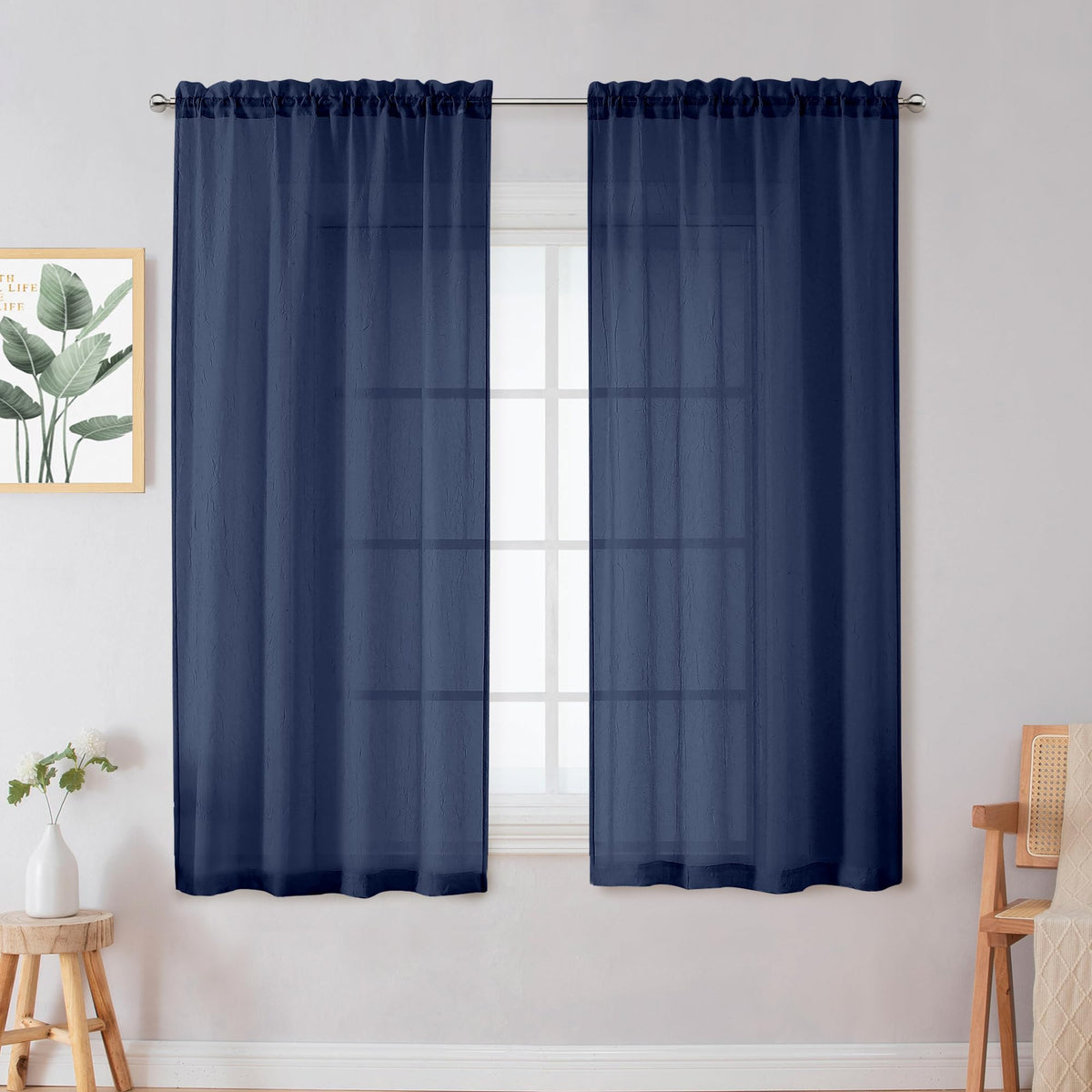 Chyhomenyc Crushed Sheer Navy Blue Curtains 84 Inch Length 2 Panels, Light Filtering Solid Crinkle Voile Lightweight Rod Pocket Sheer Curtian for Bedroom Living Room, Each 42Wx84L Inches