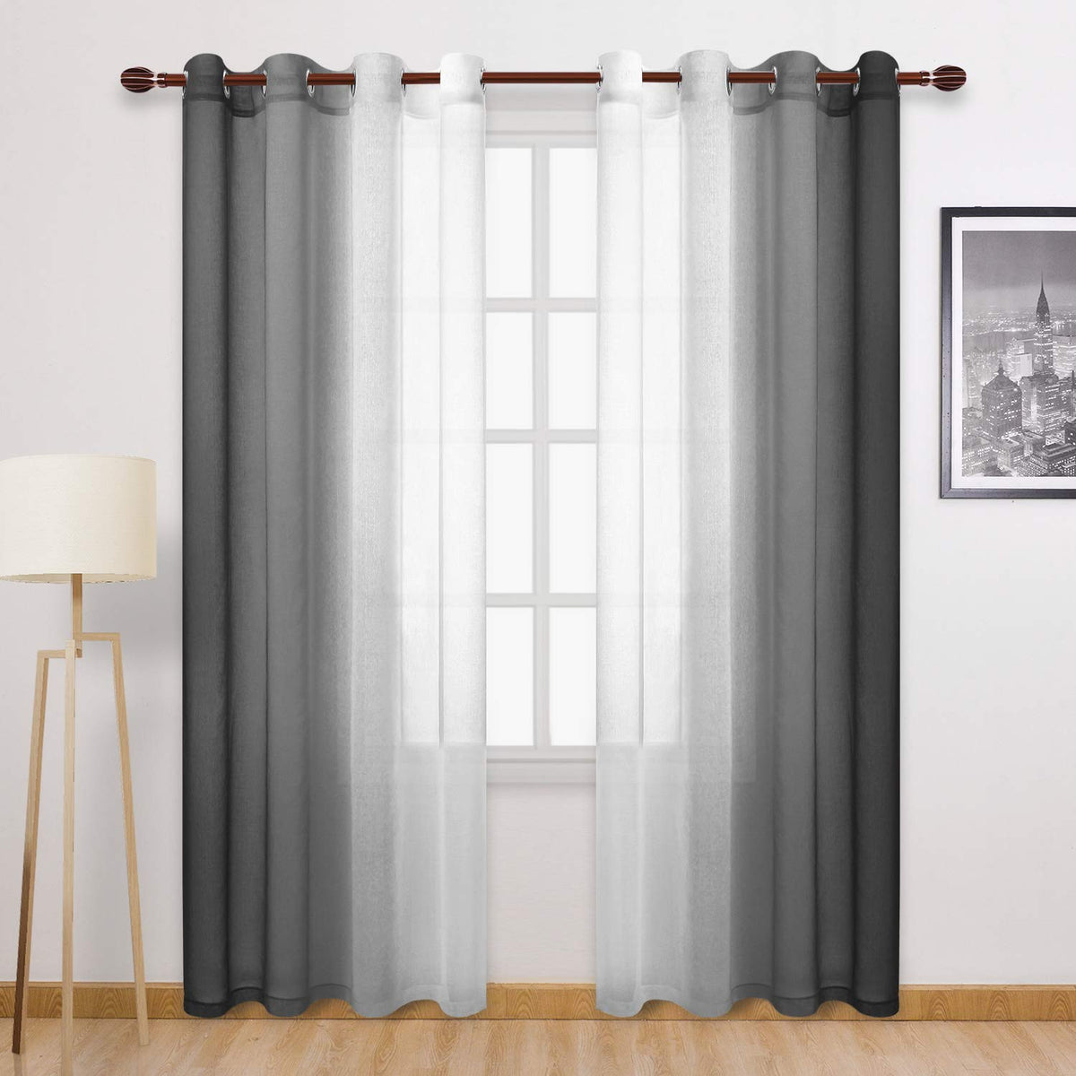 DWCN Blue Linen Ombre Sheer Curtains - Semi Voile Gradient Grommet Top Curtains for Bedroom and Living Room, Set of 2 Window Curtain Panels, 52 x 84 Inches Long, Denim Blue