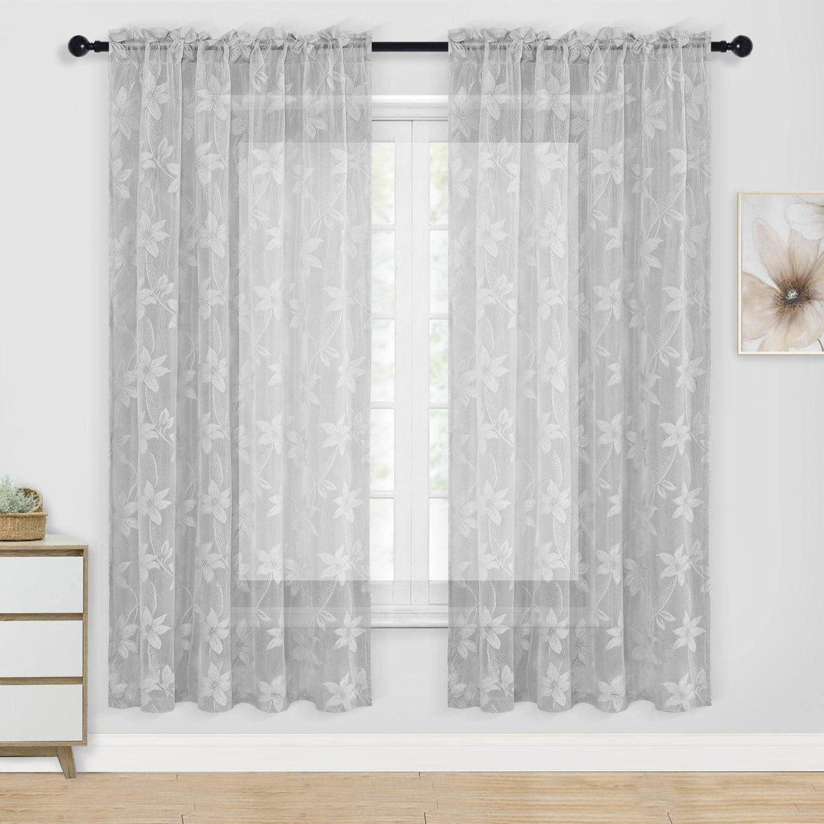 DWCN White Sheer Curtains - Short Curtains Floral Lace Design Rod Pocket Window Voile Sheer Drapes for Bedroom Kitchen Small Window 42 x 54 inch Length, 2 Panels White