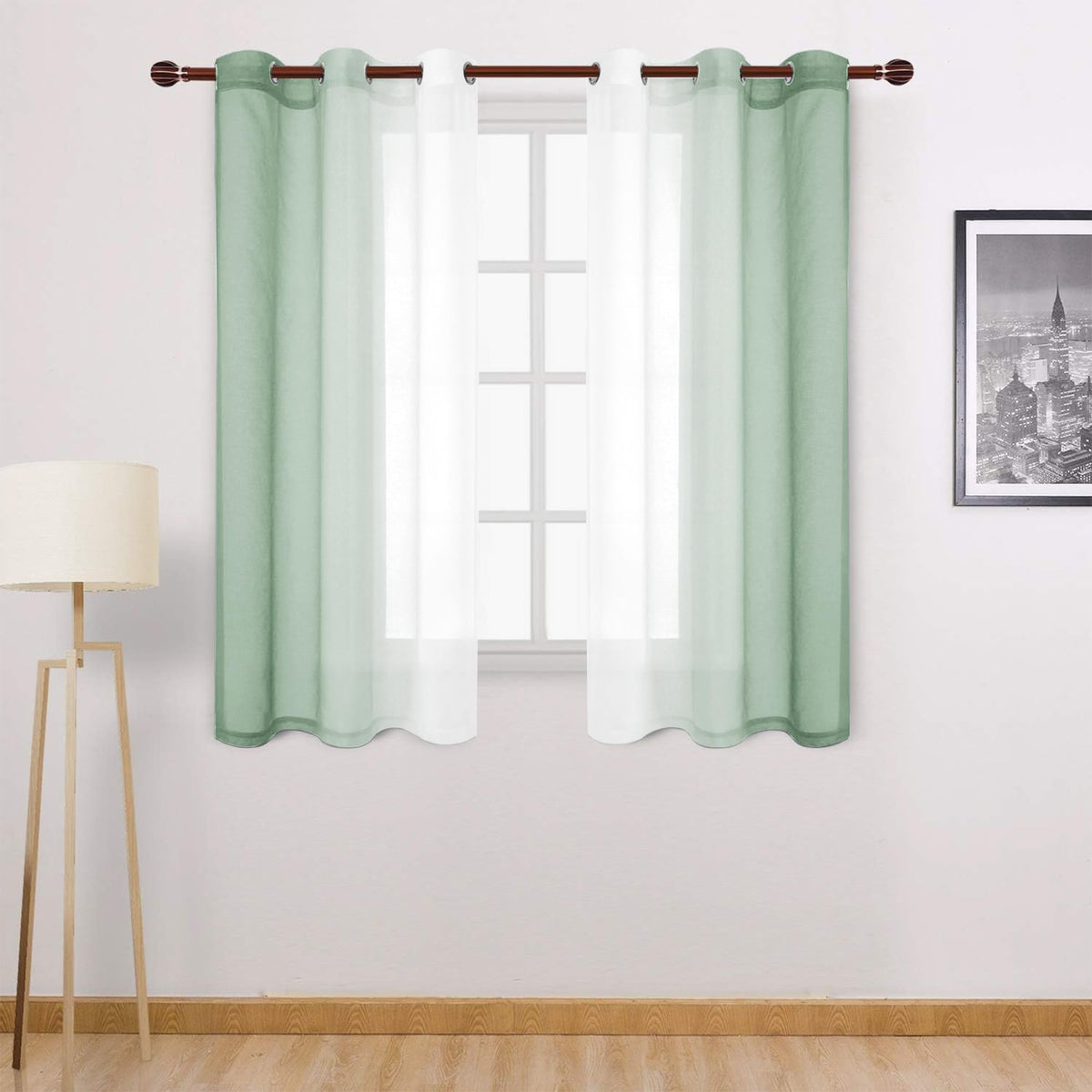 DWCN Blue Linen Ombre Sheer Curtains - Semi Voile Gradient Grommet Top Curtains for Bedroom and Living Room, Set of 2 Window Curtain Panels, 52 x 84 Inches Long, Denim Blue