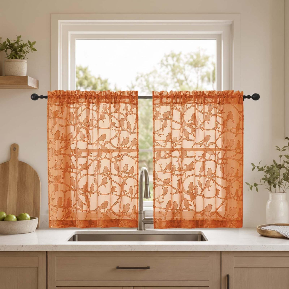 OVZME Sage Green Sheer Curtains 63 Inch Length 2 Panel Set, Light Filtering Bedroom Curtains with Dual Rod Pocket Top, Leaf Bird Clip Jacquard Sheer Farmhouse Window Drapes for Living Room, 2x38Wx63L