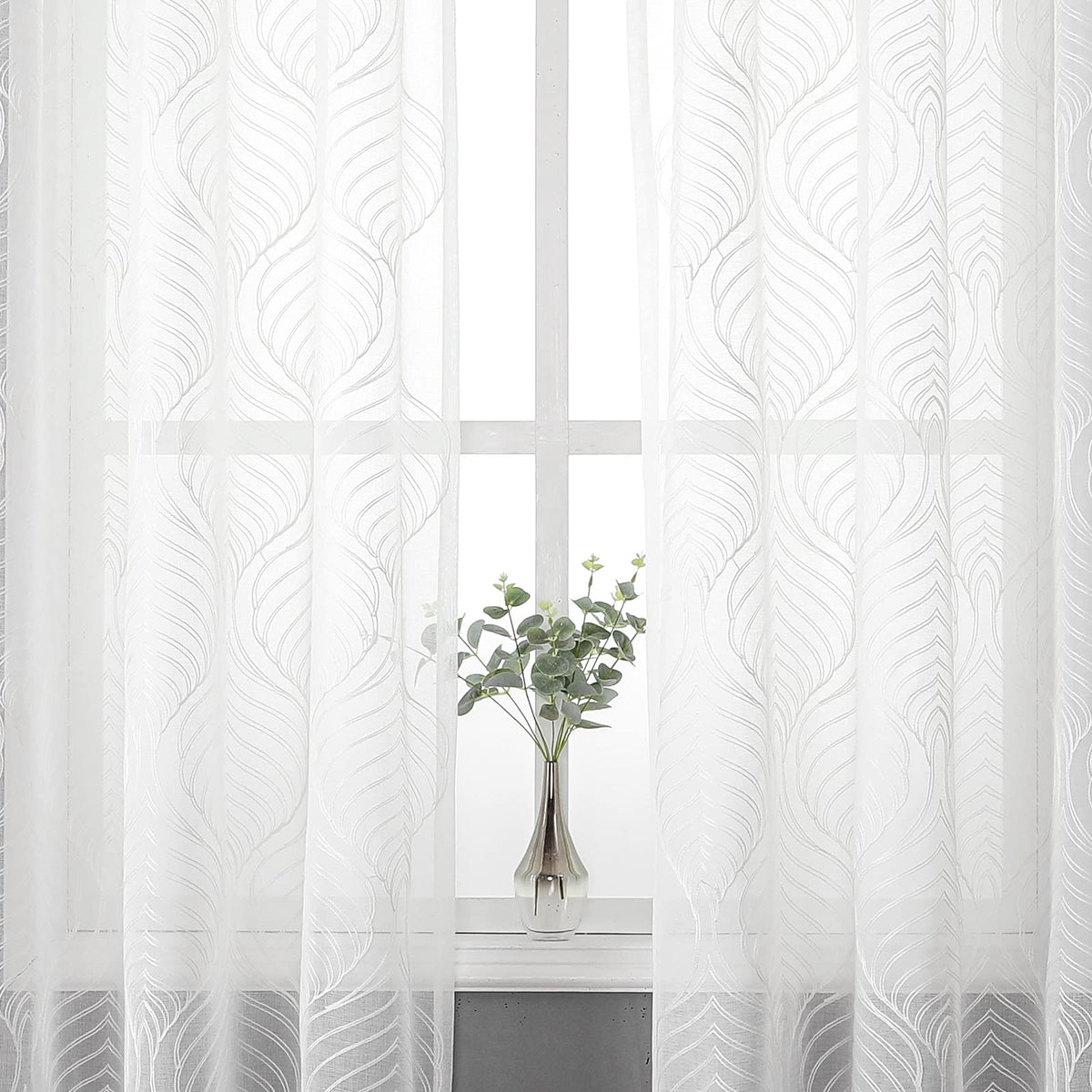 VISIONTEX White Sheer Curtains Grey Moroccan Embroidered 63 Inch Length