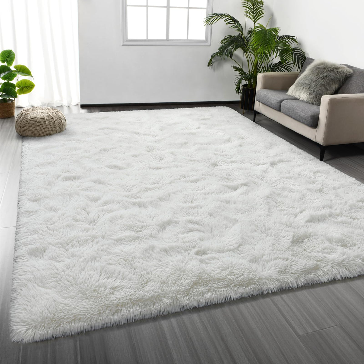 Deerhoo Large Shag Area Rugs 5 x 8, Tie-Dyed Plush Fuzzy Rugs, Light Grey