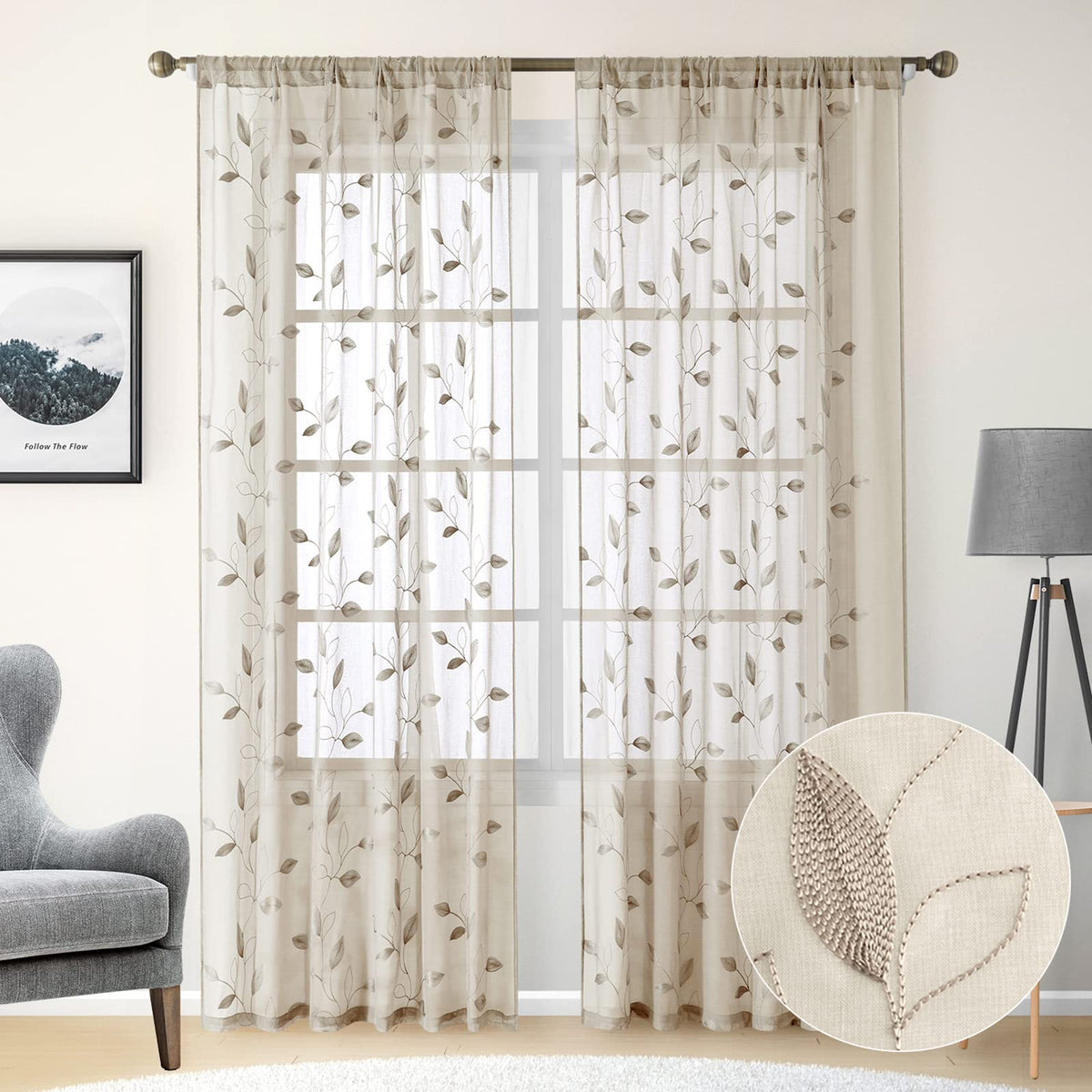 HOMEIDEAS Sage Green Sheer Curtains Leaf Embroidered, 52x84 Inch, 2 Panels