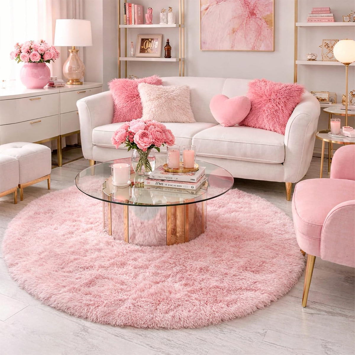 Amdrebio Pink Circle Round Fluffy Area Rug 4Ft for Girls Bedroom Kids Room