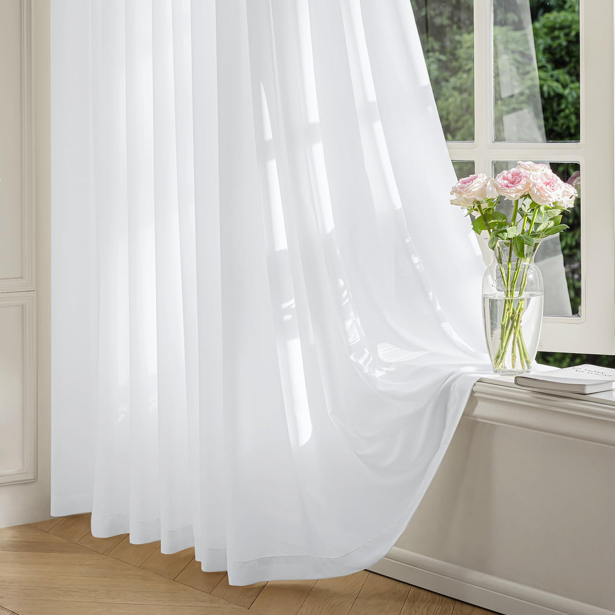 FMFUNCTEX Cream Sheer Curtains, 90 Inch, Rod Pocket, 2 Panels for Bedroom