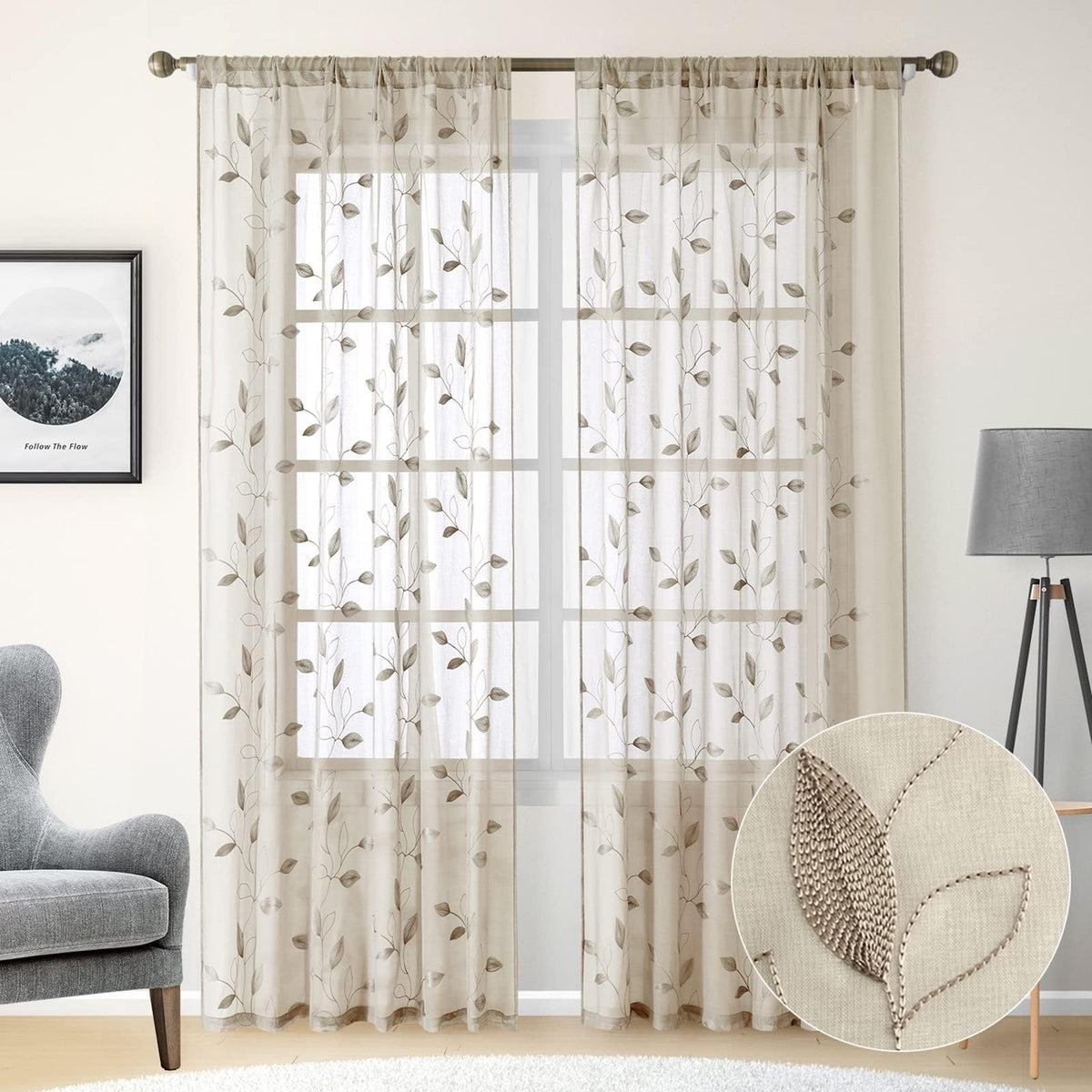 HOMEIDEAS Sage Green Sheer Curtains Leaf Embroidered, 52x84 Inch, 2 Panels