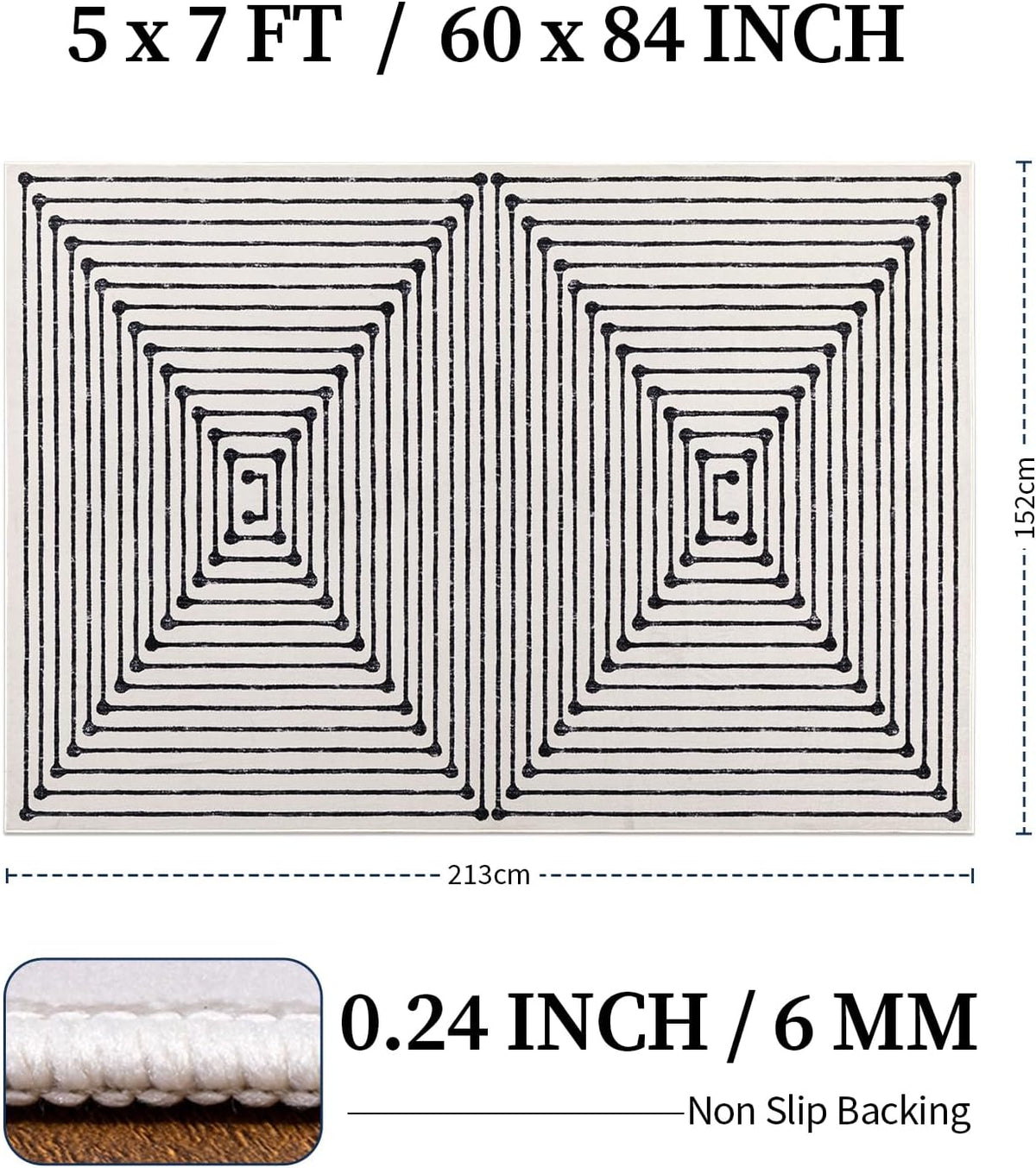 YIHOUSE Washable 5x7 Area Rugs for Living Room, Black and White Striped Rug for Bedroom Playroom Non Slip Low Pile, Soft Modern Geometric Carpet for Entryway Home Office Decor