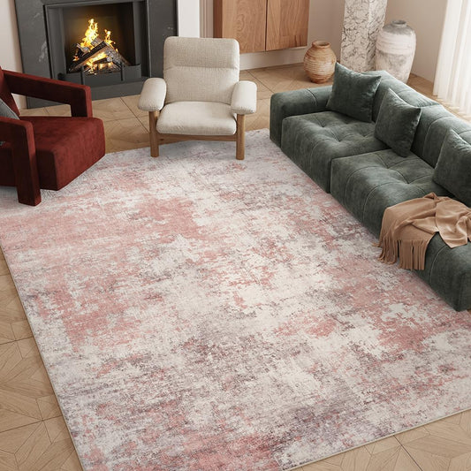 8x10 Pink Gray Washable Area Rug for Living Room, Vintage Print