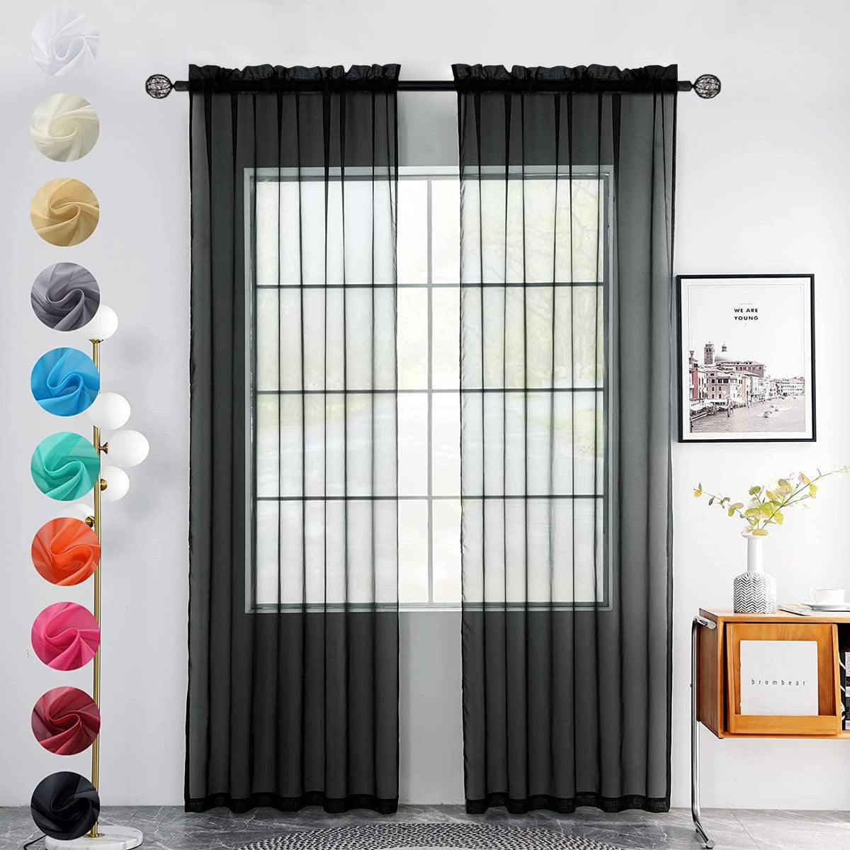 youleyar Solid Sheer Rod Pocket Curtain Voile Draperies 2 Panels White Beige Black Grey Coffee 52 Inch Width 84 Inch Long 1 Pair for Kitchen Bedroom Children Living Room Yard (Orange,52Wｘ84L)