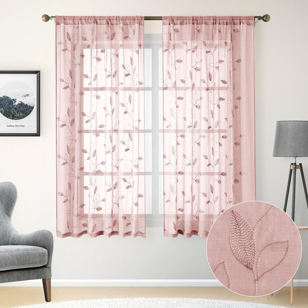 HOMEIDEAS Sage Green Sheer Curtains Leaf Embroidered, 52x84 Inch, 2 Panels